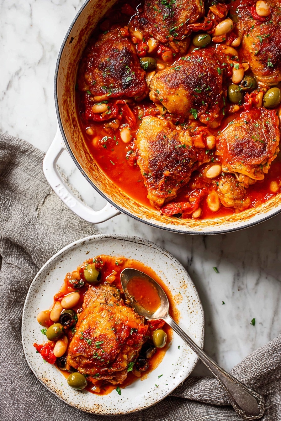 Spanish Chicken in Bravas Sauce, Spanish chicken recipes, Bravas sauce dish, easy Spanish chicken, flavorful chicken skillet - A white pot filled with six pieces of browned chicken thighs in a thick red tomato sauce with white beans, green and black olives, and slices of red bell pepper scattered throughout. The chicken pieces have a crispy brown textured skin, sitting immersed in the sauce full of small herbs and vegetables. Next to the pot, on a white plate, are two chicken thighs with some sauce, beans, and olives on top, with a silver spoon resting on the plate partially covered in sauce and a green olive. The pot sits on a weathered rustic surface, with a gray cloth to the side, all placed on a white marbled texture background. Photo taken with an iphone --ar 2:3 --v 7
