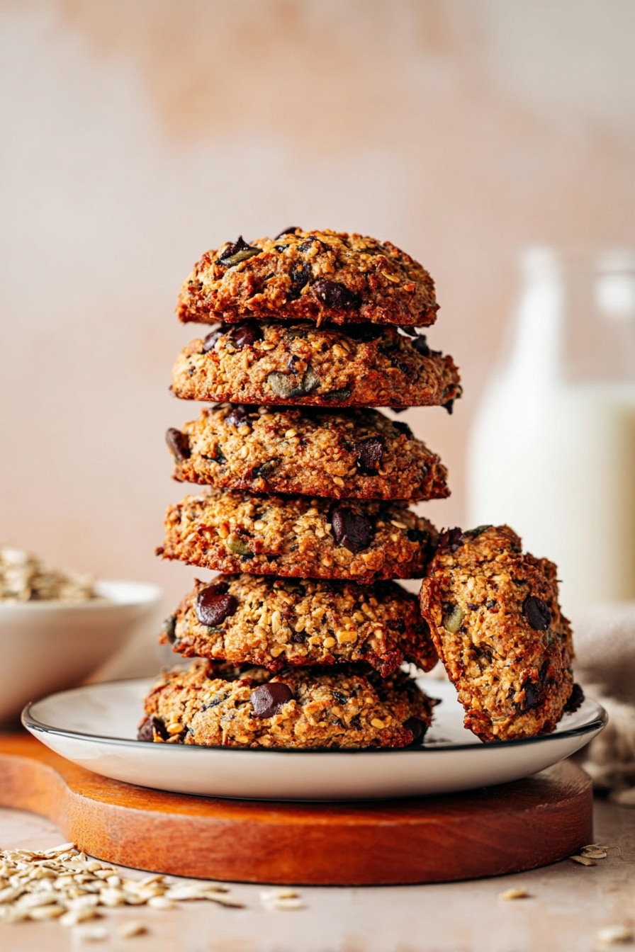 Seedy Quinoa Breakfast Cookies, healthy breakfast cookies, quinoa snack recipe, nutritious morning treats, seed-filled breakfast cookies - A stack of five thick cookies sits on a white plate with a black rim, each cookie showing a rough texture with visible pieces of chocolate chips, seeds, and grains in golden brown tones. The cookies are dense and bumpy, with darker brown chocolate chips scattered throughout. The plate is placed on a wooden board with some seeds spilling onto the light beige surface around it. In the background, a white marbled texture surface and a blurred glass milk bottle add softness to the scene. Photo taken with an iphone --ar 2:3 --v 7