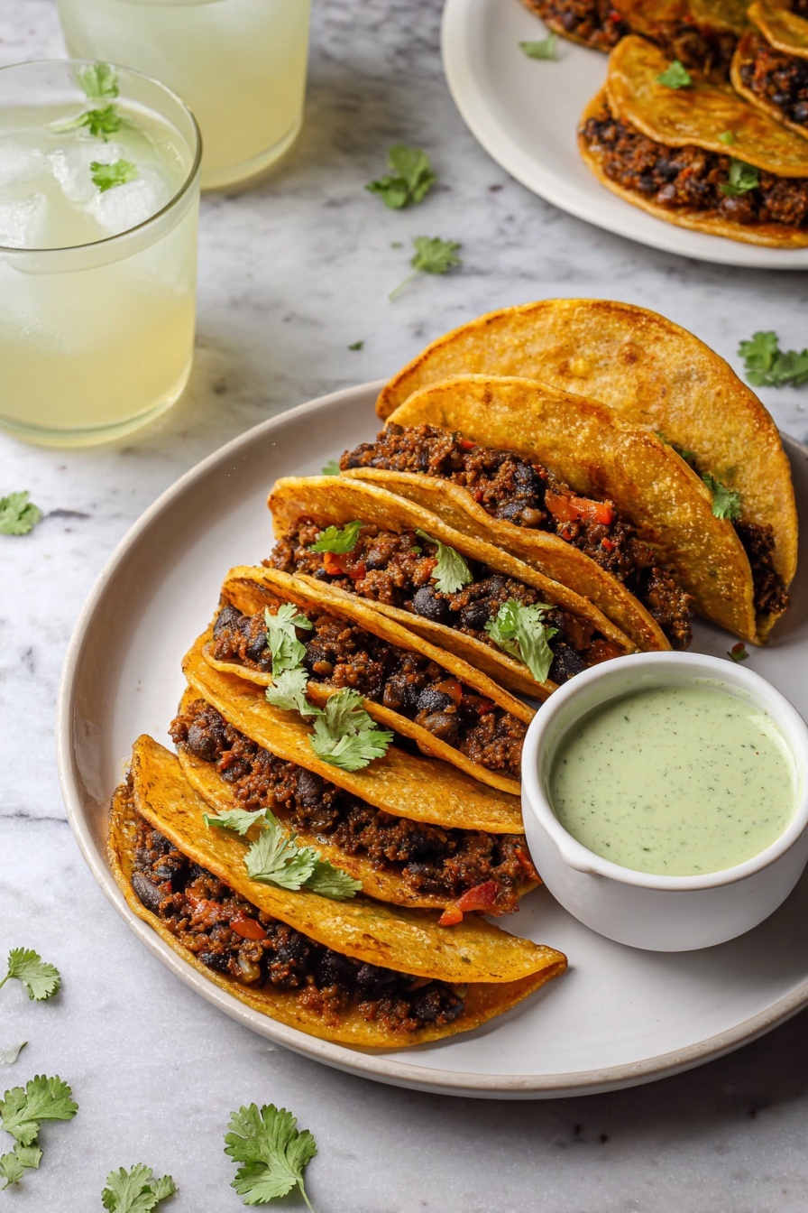 Crispy Ground Turkey Tacos with Avocado Sauce, ground turkey taco recipe, healthy ground turkey tacos, easy taco dinner ideas, avocado sauce for tacos - On a white plate, five small folded tacos are arranged in a slight curve, each taco made with a golden brown tortilla that looks lightly crisped on the edges. Inside the tacos, there is a dark filling made of black beans and browned ground meat mixed with small bits of red and green vegetables. The tacos are garnished with small fresh green cilantro leaves. Next to the tacos on the plate is a small white bowl filled with a light green creamy sauce that has fine green specks. The plate sits on a white marbled surface with scattered cilantro leaves around it, and in the background are two glasses filled with cold drinks and a second white plate holding more tacos. photo taken with an iphone --ar 2:3 --v 7