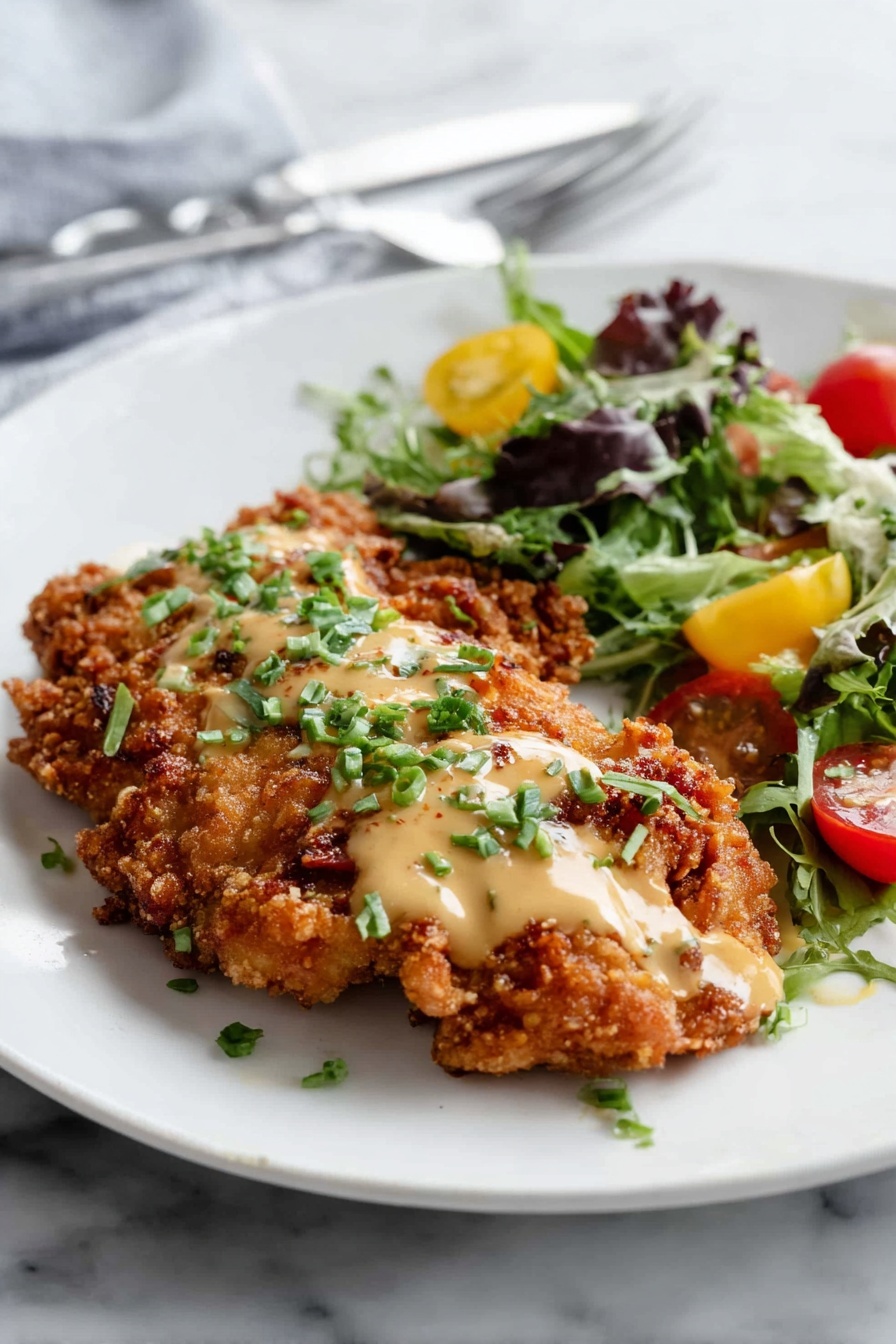 Pretzel Crusted Chicken with Cheddar Sauce, cheesy chicken dinner, crunchy chicken recipes, easy pretzel chicken, savory chicken with cheddar sauce - The dish shows a thick, crispy golden brown fried piece of chicken with a rough textured crust, lightly drizzled with a smooth, light beige creamy sauce and sprinkled with small pieces of fresh green herbs. On the side, there is a small fresh salad made of mixed dark and light green leafy lettuce, and halved cherry tomatoes in bright red and yellow colors. All the food is placed on a clean white plate, resting on a white marbled surface, with a silver fork visible in the background. Photo taken with an iphone --ar 2:3 --v 7