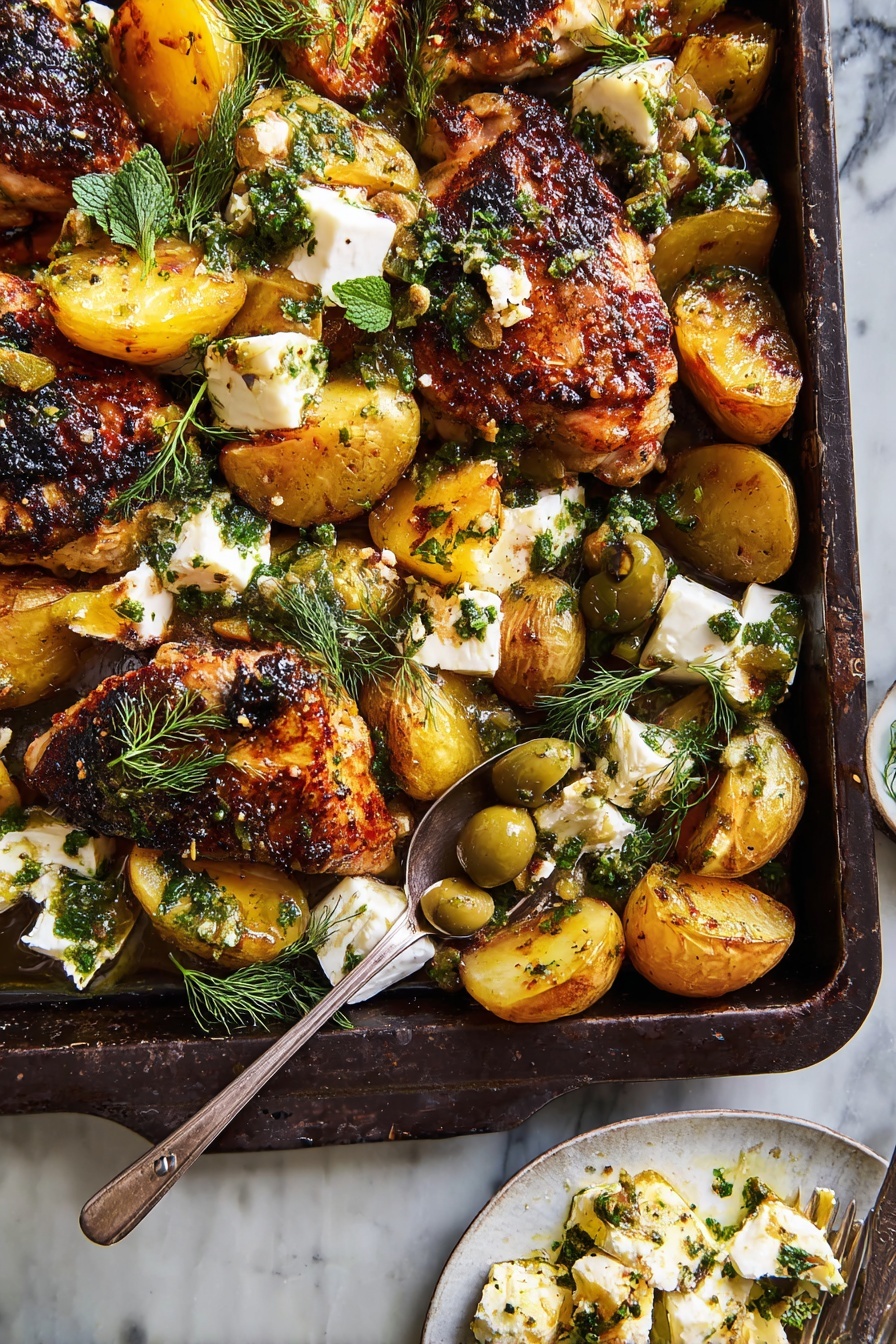 Greek Garlic Butter Chicken Sheet Pan, Greek Chicken Dinner, Easy Greek Sheet Pan Recipe, Mediterranean Chicken Recipes, One-Pan Chicken and Potatoes - The dish is shown on a dark baking tray filled with three cooked chicken pieces with a brown, charred texture on top. Around the chicken are golden roasted potato halves with a soft and slightly crisp look. Scattered among them are white chunks of soft cheese and green olives, all topped with small pieces of chopped green herbs and garlic. Bright green sprigs of dill add a fresh touch across the dish. A silver spoon rests inside the tray, holding some of the olives and herbs. Underneath, a small white plate has some cheese and olive mixture on it, all set against a white marbled background. photo taken with an iphone --ar 2:3 --v 7