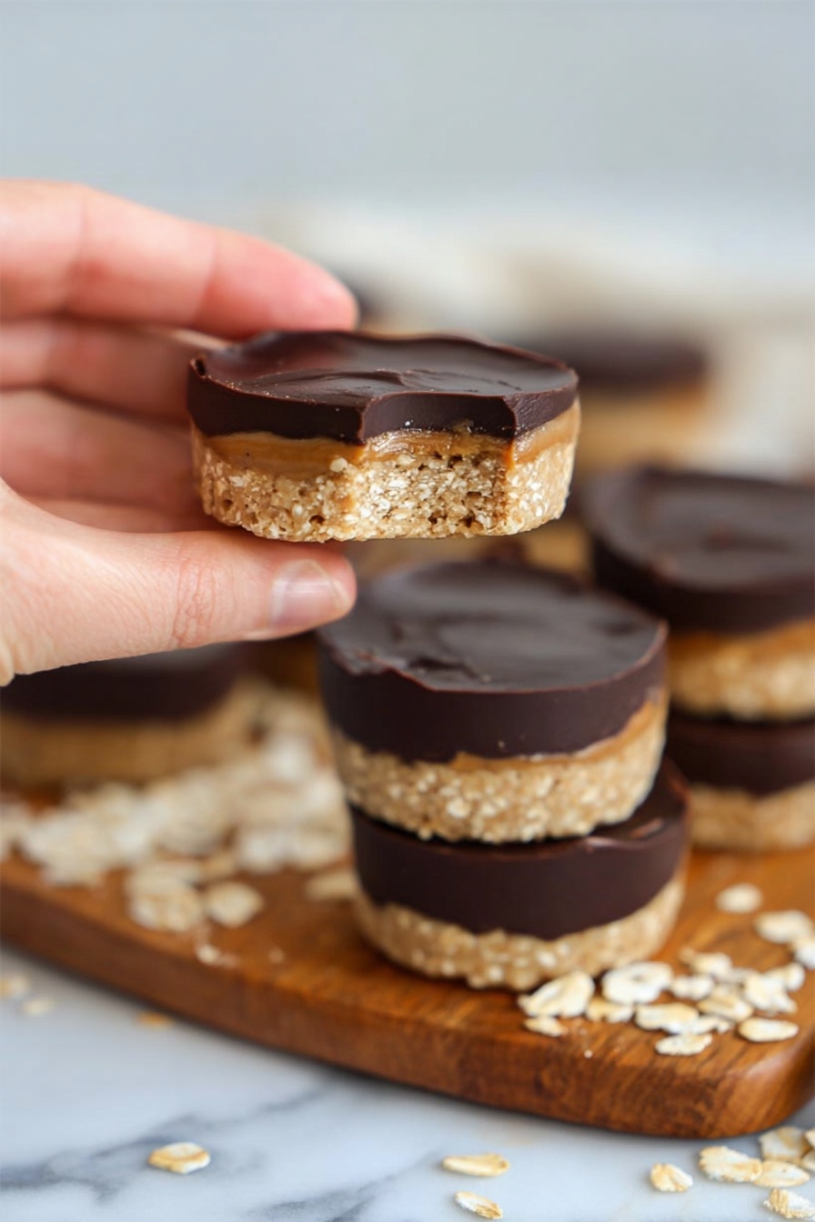 No-Bake Peanut Butter Oat Cups, healthy no-bake snack, quick no-bake dessert, easy peanut butter snack, wholesome oat cups - A close-up of a woman's hand holding a small round dessert with two layers, the bottom layer is a light tan, crumbly oat mixture, and the top layer is smooth, dark chocolate spread evenly. In the background, several more of these two-layer treats are stacked and scattered on a wooden board set on a white marbled surface, with some oats sprinkled nearby. The overall scene is clean and bright with soft lighting, highlighting the texture contrast between the oat base and the chocolate top. Photo taken with an iphone --ar 2:3 --v 7