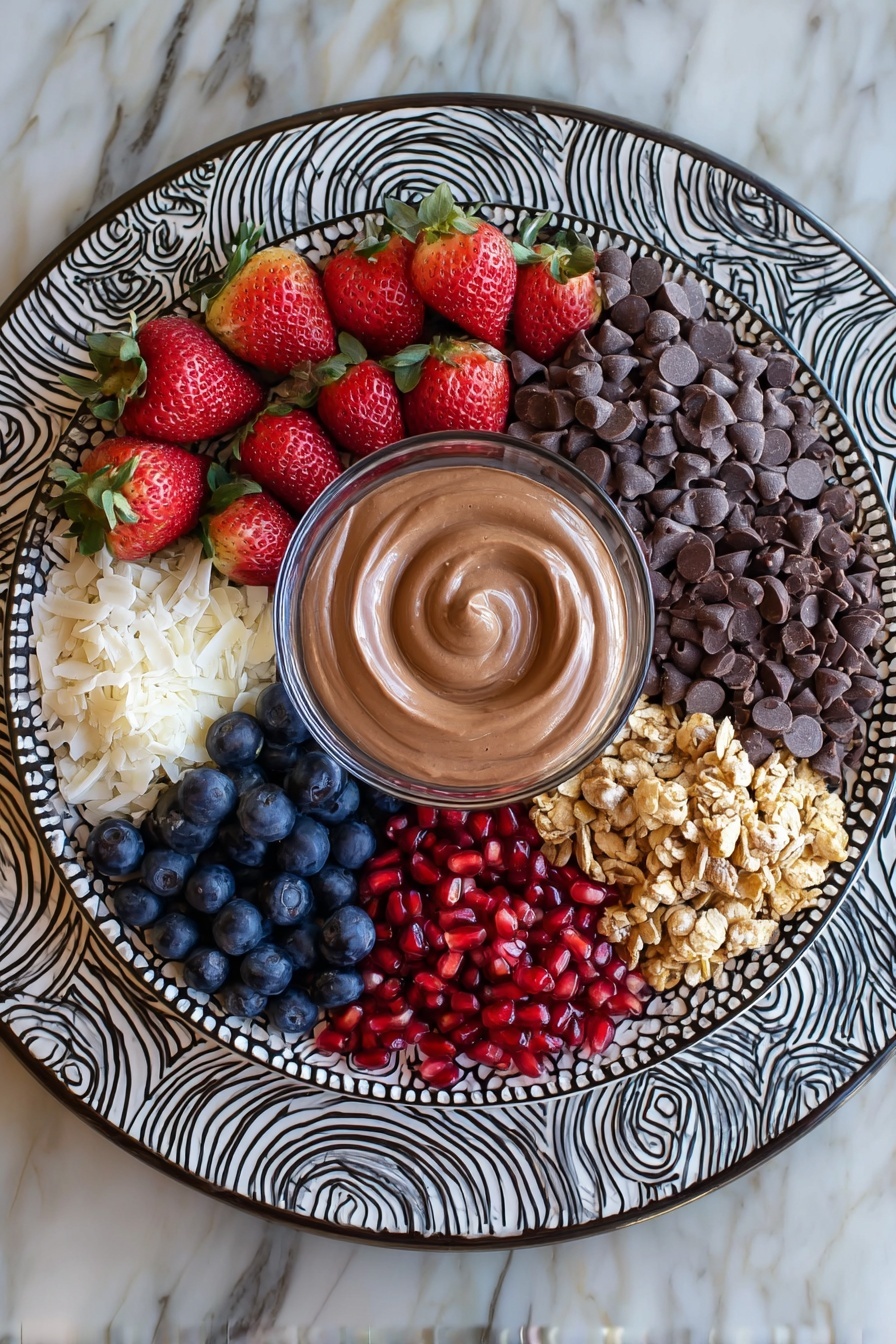 Chocolate Protein Fluff, healthy chocolate dessert, high-protein fluffy treat, simple protein dessert, quick chocolate snack - A large round white plate with black spiral and zigzag patterns holds eight sections of colorful food arranged around a central glass bowl filled with smooth light brown chocolate mousse. Starting from the top left going clockwise, there are bright red whole strawberries with green tops, small dark brown chocolate chips, off-white shredded coconut, chopped pieces of chocolate peanut butter cups, bright red pomegranate seeds, dark blue blueberries, beige crunchy granola clusters, and then back to the strawberries. The plate is placed on a white marbled surface. Photo taken with an iphone --ar 2:3 --v 7