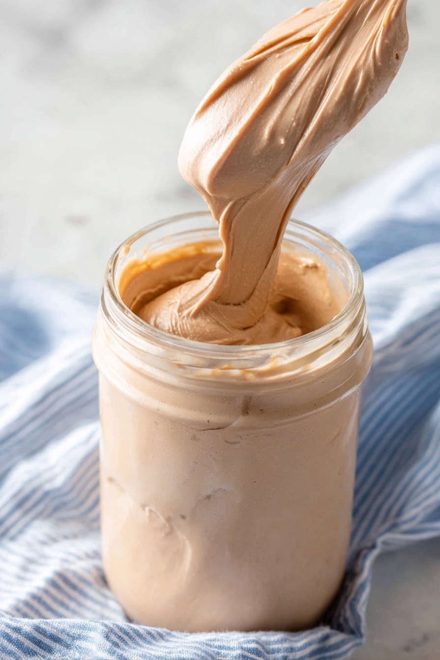 Whipped Hot Chocolate, decadent hot chocolate, fluffy hot cocoa, chocolate drink, cozy winter beverages - A clear glass jar filled with thick, smooth light brown cream. A large dollop of the cream is being stretched upward, showing its soft, fluffy texture with visible folds and slight air bubbles. The jar sits on a white marbled surface with a cloth featuring blue stripes blurred in the background. The lighting is bright and soft, highlighting the creamy texture. photo taken with an iphone --ar 2:3 --v 7
