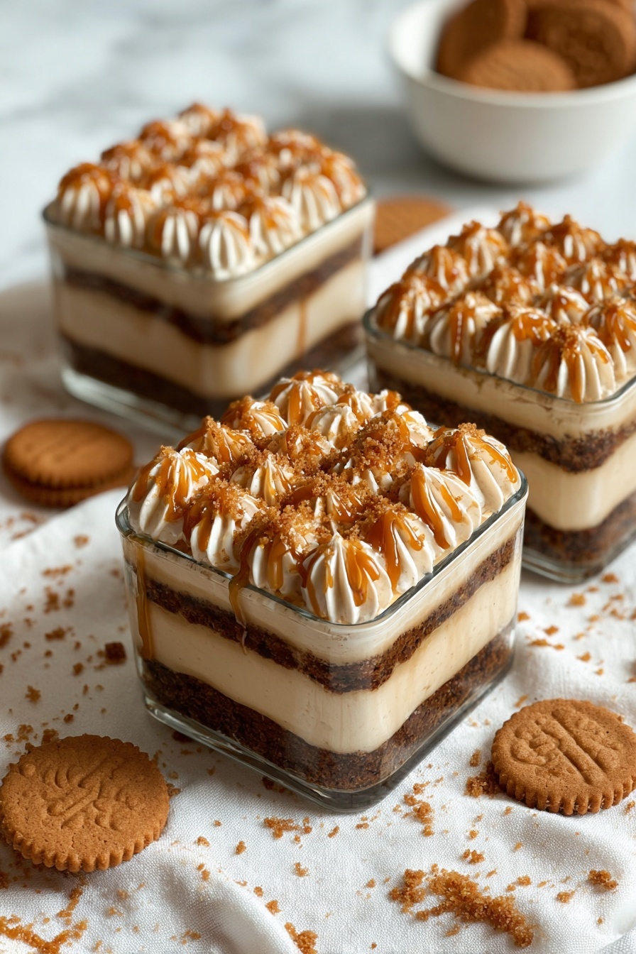 Biscoff Tiramisu, Biscoff Tiramisu recipe, Biscoff cookie dessert, Biscoff mascarpone dessert, no-bake Biscoff tiramisu - The image shows three square glass containers filled with a layered dessert placed on a white marbled surface covered partly with a white cloth. Each container has four visible layers: at the bottom, a dark brown layer with a crumbly texture; above it, a smooth light beige creamy layer; the third layer is another dark brown crumbly layer similar to the bottom; and on the top, piped dollops of cream in light beige form neat rows covering the entire surface. This top cream layer is drizzled with a thick caramel-colored sauce and sprinkled lightly with crushed cookie crumbs that add texture. Around the containers, whole and broken caramel-colored cookies are scattered on the white cloth, adding a rustic look. The photo taken with an iphone --ar 2:3 --v 7