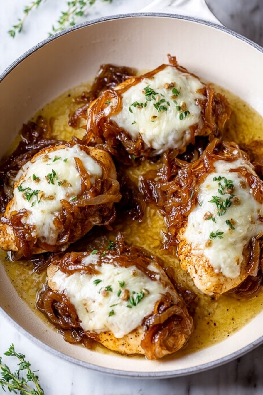 French Onion Chicken Bake, French Onion Chicken, caramelized onion chicken dish, cheesy chicken bake, easy French onion chicken - The image shows four golden brown cooked chicken pieces in a white pan with light sauce surrounding them. Each chicken piece is topped with a pile of caramelized onions that are a deep brown color. On top of the onions, there is a layer of melted white cheese with small green herb bits sprinkled on it. The pan is placed on a white marbled surface with some green herb sprigs nearby. The lighting is bright and natural, highlighting the textures and colors of the dish. photo taken with an iphone --ar 2:3 --v 7