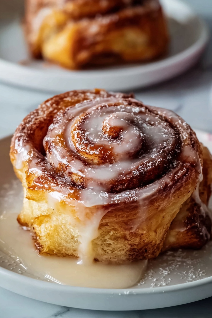 Cinnamon Roll French Toast, cinnamon roll breakfast ideas, easy French toast recipes, sweet breakfast recipes, cinnamon swirl bread breakfast - A soft cinnamon roll with a golden-brown crust sits in a white plate against a white marbled surface. The roll has many spiral layers showing light golden dough and dark brown cinnamon filling in between. On top, a shiny, slightly thick cream glaze drips slowly down the sides, pooling a little on the plate. A dusting of fine white powdered sugar is sprinkled over the glaze, enhancing the texture. The background shows another cinnamon roll softly out of focus. photo taken with an iphone --ar 2:3 --v 7