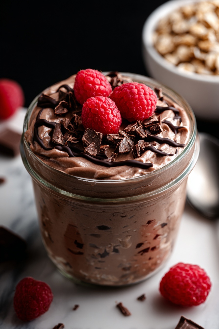 Dark Chocolate Raspberry Overnight Oats, healthy overnight oats with chocolate and raspberries, quick breakfast ideas, chocolate berry oats, indulgent healthy breakfast - A clear glass jar filled with a creamy, chocolate mousse that has a light, fluffy texture and a rich brown color. On top of the mousse, there are small dark chocolate chunks and thin drizzles of dark chocolate sauce, adding a deep, shiny contrast. Three bright red raspberries sit neatly placed in the center, creating a fresh and vibrant look. Around the jar, there are a few more raspberries on a white marbled surface, along with some chocolate pieces scattered lightly. In the background, a white bowl filled with granola is slightly blurred, and a dark spoon rests nearby. The photo taken with an iphone --ar 2:3 --v 7