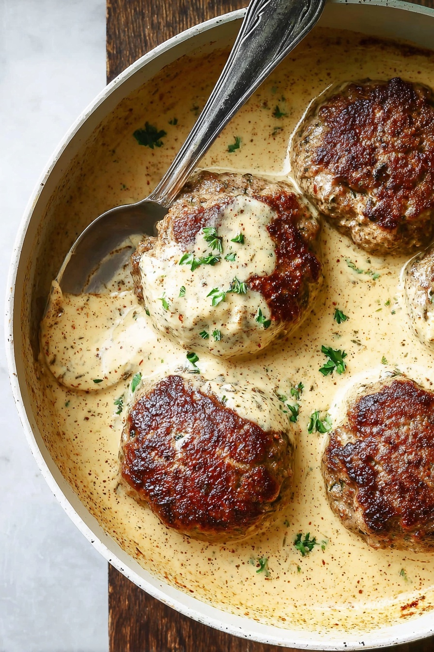 Creamy Dill Hamburger Steaks, Creamy Dill Hamburger Steaks recipe, Hamburger Steaks with Dill Sauce, Juicy Hamburger Steaks, Easy Dill Sauce for Hamburgers - The image shows four browned patties in a white round pan filled with creamy light beige sauce, slightly speckled and garnished with small green herb leaves. Each patty has a rich brown crust and is partially covered with the sauce. A metal spoon rests inside the pan, buried in the sauce near the top left patty. The pan is placed on a white marbled surface. photo taken with an iphone --ar 2:3 --v 7