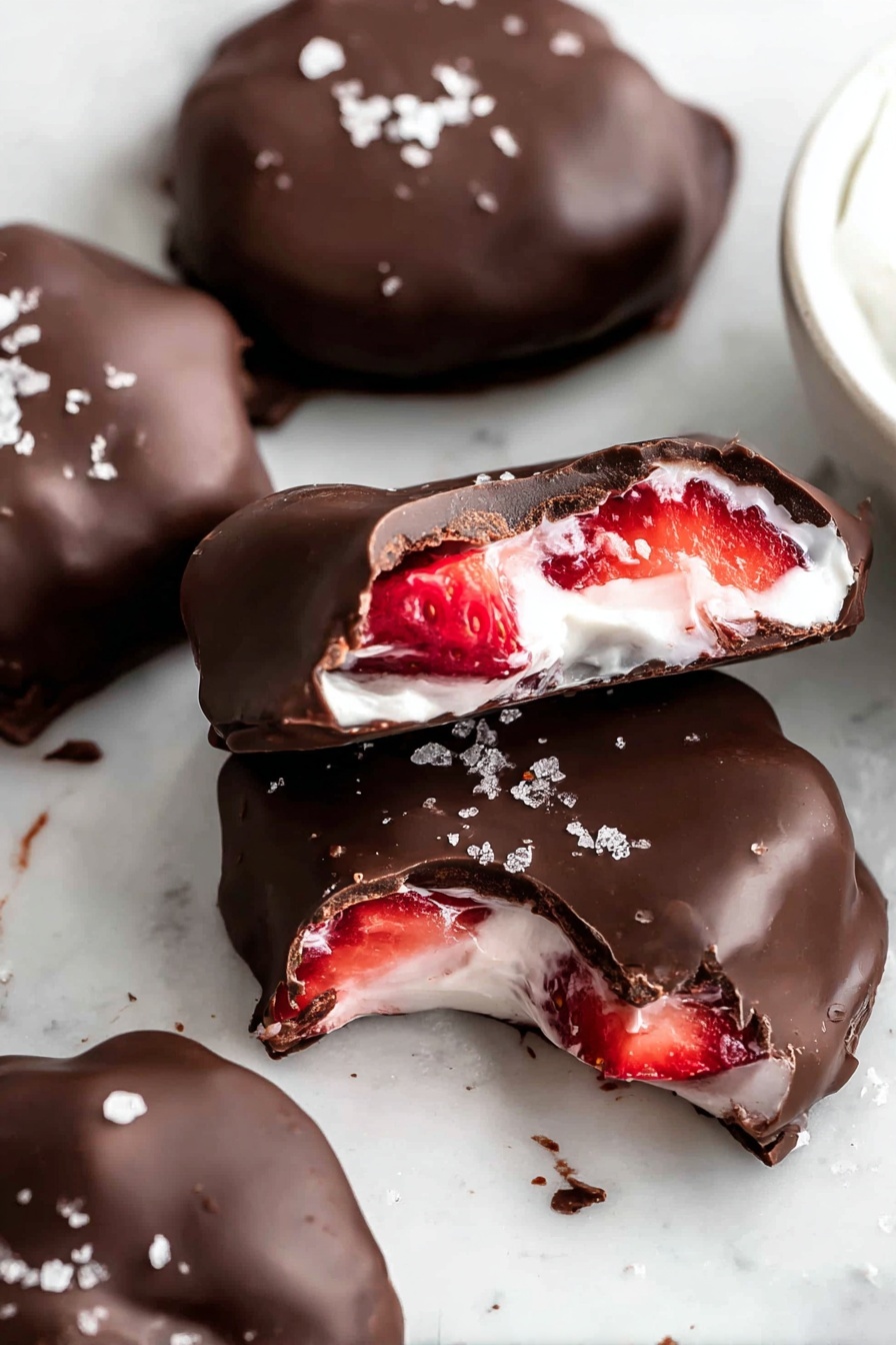 Chocolate Strawberry Yogurt Bites, healthy snack ideas, no-bake fruit desserts, easy summer treats, chocolate covered fruit bites - The image shows several chocolate-covered treats on a white marbled surface. Each treat consists of three visible layers: the outer layer is a smooth, dark chocolate shell with a shiny finish and a slight bumpy texture, sprinkled with coarse sea salt on top. Inside, there is a thick, creamy white layer that looks soft and slightly melted, surrounding bright red chunks of fresh strawberries that add a juicy and vibrant contrast. One treat is broken open to display these inner layers clearly. A white bowl is partially visible on the right side of the image. photo taken with an iphone --ar 2:3 --v 7
