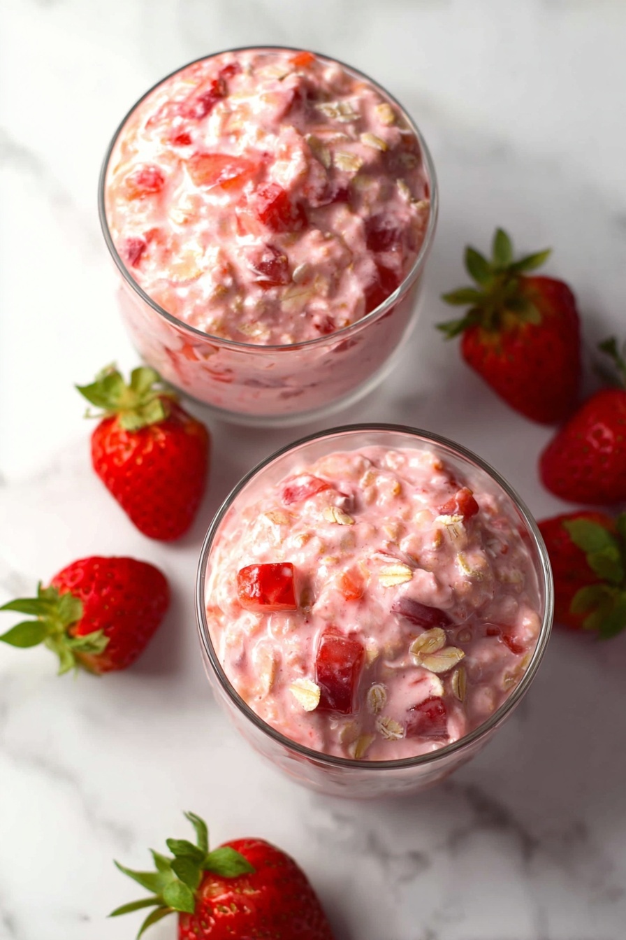 Strawberries and Cream Overnight Oats, healthy overnight oats with strawberries, easy no-cook breakfast ideas, nutritious strawberry breakfast, creamy fruit overnight oats - Two clear glass bowls are filled with a pink creamy mixture that shows chunks of red strawberries and small oats throughout. The mixture looks thick and textured, with visible pieces of strawberry evenly spread inside. The bowls are placed on a white marbled surface, and fresh whole strawberries with green leaves are scattered around them. The light reflects softly on the glass bowls and the marbled background, highlighting the color contrast between the pink mixture and the bright red strawberries. photo taken with an iphone --ar 2:3 --v 7