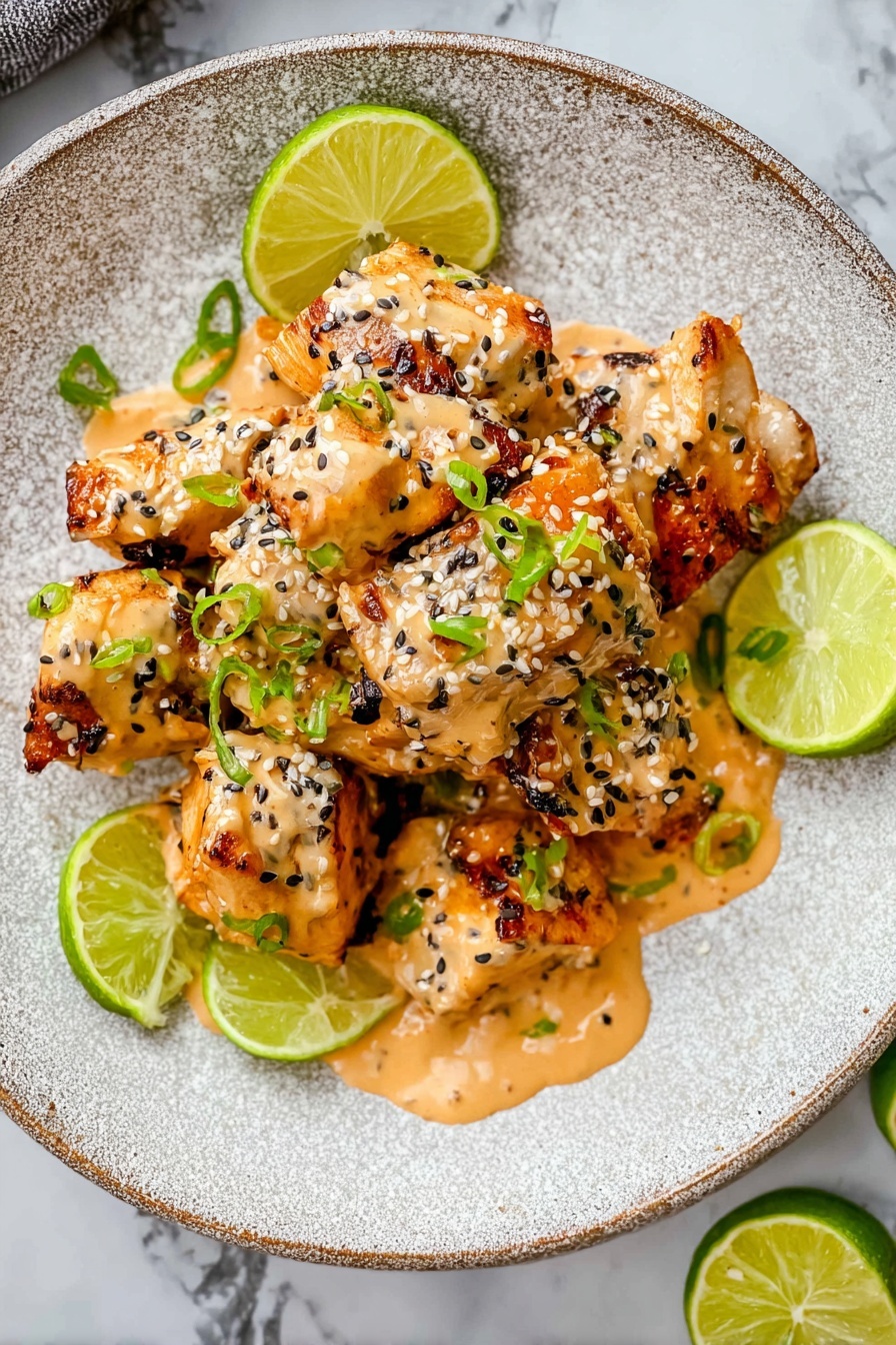 Bang Bang Salmon Bites with Spicy Sauce, salmon bites with spicy sauce, easy salmon appetizer, spicy salmon snacks, quick seafood appetizers - The dish shows small pieces of grilled chicken stacked in the center of a white plate with a textured look. The chicken pieces are coated with a creamy, light orange sauce and sprinkled with white and black sesame seeds, as well as small green onion slices. Around the chicken, there are four lime wedges placed evenly on the plate. The background is a white marbled surface. photo taken with an iphone --ar 2:3 --v 7