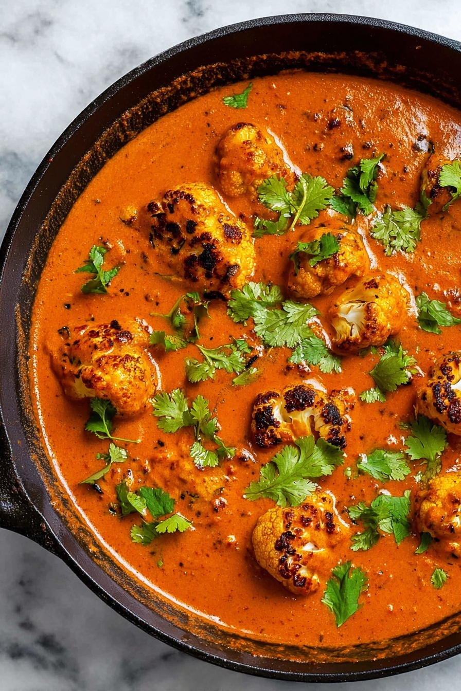 Butter Cauliflower Curry, Vegetarian cauliflower curry, Spiced cauliflower stew, Creamy cauliflower vegan dish, Indian-inspired cauliflower recipe - A close-up view of a black cast iron pan filled with thick, smooth orange-red curry sauce as the base layer, with several golden-brown roasted cauliflower florets partially submerged in the sauce, their charred edges adding texture and depth; fresh bright green cilantro leaves are scattered on top across the dish, adding a pop of color and freshness. The pan is placed on a white marbled textured surface. Photo taken with an iphone --ar 2:3 --v 7