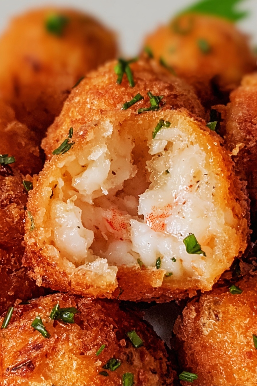 Crispy Shrimp Balls, shrimp snack recipes, easy appetizer ideas, crunchy seafood bites, homemade shrimp appetizer - The image shows a close-up of a golden-brown fried ball that is cut open to reveal a soft, white and pink inside texture that looks like shrimp or seafood. The crispy outside is rough and crunchy with small green herb bits sprinkled on top for color contrast. The inside looks tender and moist with small layers of white and light pink inside. The fried balls fill the frame with a white marbled surface underneath. photo taken with an iphone --ar 2:3 --v 7