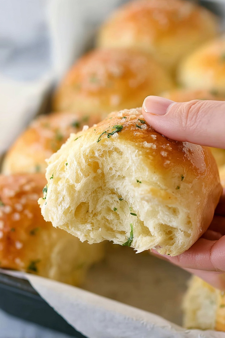 Garlic Parmesan Dinner Rolls, garlic parmesan bread, easy dinner rolls, cheesy garlic rolls, quick homemade bread - A close-up of a woman's hand holding a soft, golden-brown dinner roll with a fluffy and light inside texture. The roll’s top is shiny and slightly crusted with a sprinkling of salt. Small green parsley flakes are visible on the torn part of the roll. In the blurred background, more dinner rolls sit in a white baking dish lined with parchment paper, resting on a white marbled surface. photo taken with an iphone --ar 2:3 --v 7