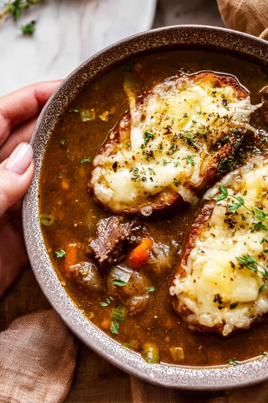 French Onion Short Ribs Bake, French Onion Short Ribs, braised short ribs with onion, cheesy short ribs casserole, comforting beef recipes - A close-up image of a large bowl of soup with two pieces of toasted bread on top, each covered with melted light yellow cheese and sprinkled with small green herb leaves and black pepper. The soup has a rich brown broth with visible chunks of dark brown cooked meat, small green herbs, and bits of vegetables like orange carrots. The bowl has a textured gray outer rim and is placed on a soft brown cloth on a white marbled surface. A woman’s hand is gently holding the edge of the bowl from the bottom left corner. Photo taken with an iphone --ar 2:3 --v 7