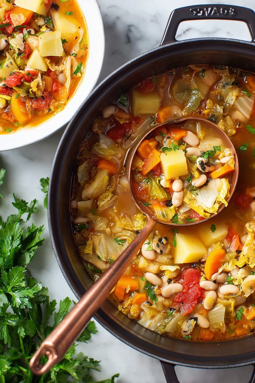 Healthy Cabbage Soup, healthy cabbage soup recipe, nourishing cabbage soup, low-calorie vegetable soup, hearty cabbage soup - The image shows a close-up view of a large black pot filled with colorful vegetable soup. Inside the soup, there are visible layers of pale yellow potato chunks, white beans with black spots, small bright orange carrot slices, light green cabbage pieces, red tomato chunks, and bits of green herbs sprinkled on top. A copper ladle with a wooden handle is scooping some soup from the pot, showing a mix of all the ingredients in its bowl. Next to the pot, there is a white plate also holding some soup. The pot is placed on a white marbled surface with some fresh green parsley on the side. Photo taken with an iphone --ar 2:3 --v 7