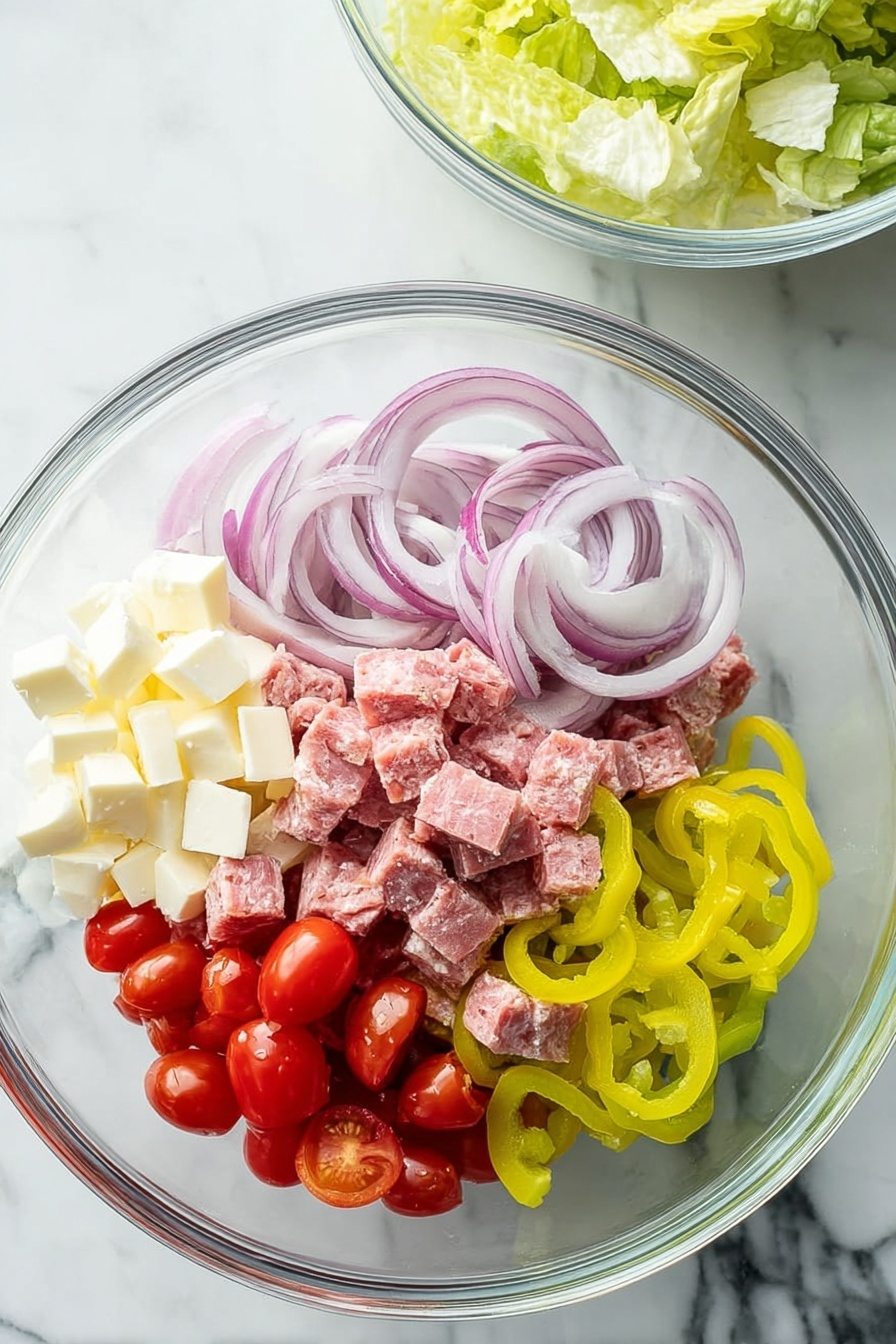 Grinder Salad with Parmesan and Salami, hearty Italian salad, quick flavorful salad, salami and Parmesan salad, easy salami salad recipe - In a clear glass bowl placed on a white marbled surface, there are six layers of ingredients that make a salad. On the far left, there are thin slices of light purple-red onion curved into circles. At the bottom center, there are bright yellow-green pepper rings stacked loosely. To the right of the peppers, there are halved small, bright red cherry tomatoes. Above the tomatoes, there are uneven small white cheese cubes. On top of the cheese cubes and center, there are small pink chunks of meat. In the background, another clear glass bowl is visible, filled with light green lettuce pieces. Photo taken with an iphone --ar 2:3 --v 7