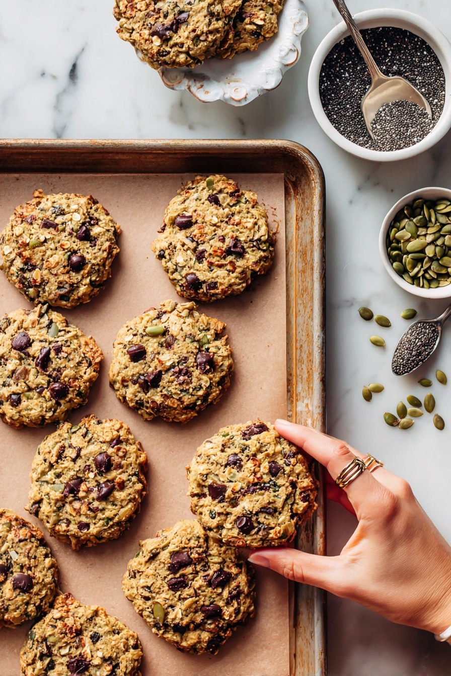 Seedy Quinoa Breakfast Cookies, healthy breakfast cookies, quinoa snack recipe, nutritious morning treats, seed-filled breakfast cookies - There are several round cookies with a rough texture on a baking sheet lined with parchment paper. The cookies are golden brown with visible small dark brown chocolate chips, black and green seeds, and light grains mixed throughout. A woman's hand with thin rings is holding one cookie at the bottom right corner. To the right side of the baking sheet, some seeds and chocolate chips are scattered on a white marbled surface, along with two small white bowls filled with black seeds and green pumpkin seeds, and a small spoon with light seeds. photo taken with an iphone --ar 2:3 --v 7