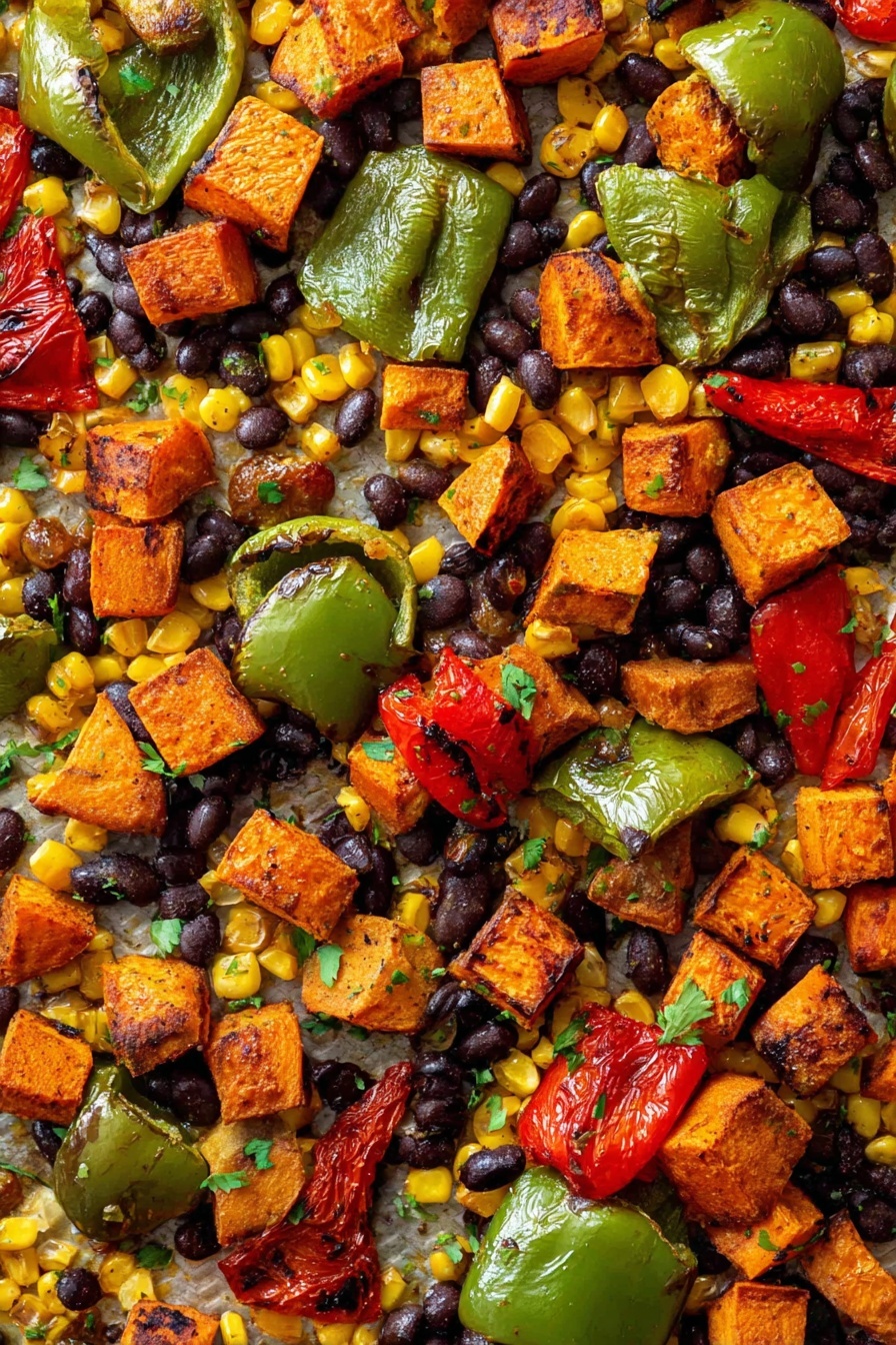 Sweet Potato Black Bean Tacos, vegetarian taco recipe, easy healthy tacos, plant-based dinner ideas, flavorful vegetarian tacos - The image shows a colorful mix of roasted vegetables spread out on a baking sheet with a white marbled texture underneath. The dish has three main layers: the first layer is bright yellow corn kernels scattered across the whole surface; the second layer is black beans that fill the spaces between the other vegetables; the third layer features large chunks of roasted sweet potatoes in shades of orange with some charred edges, roasted green bell peppers with shiny skin and some grill marks, and red bell peppers with wrinkled texture and caramelized spots. Tiny green herbs are sprinkled lightly on top for extra color. Photo taken with an iphone --ar 2:3 --v 7
