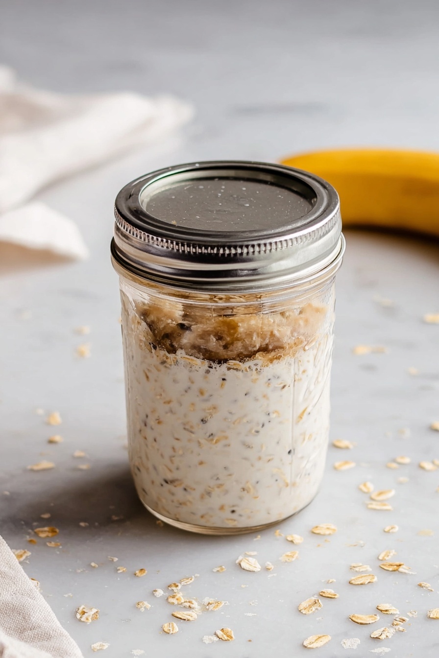 Peanut Butter Banana Overnight Oats, healthy breakfast ideas, easy overnight oats, nutritious morning recipes, quick make-ahead breakfast - The image shows a glass jar filled with a light brown mixture of overnight oats that have a creamy, slightly chunky texture. At the top of the jar, there are five yellowish banana slices arranged closely, sprinkled with small brown specks of cinnamon. The jar is placed on a dark wooden board, with some oats and a wooden spoon with oats blurred in the background. A silver spoon lies to the right of the jar on a white marbled surface. photo taken with an iphone --ar 2:3 --v 7