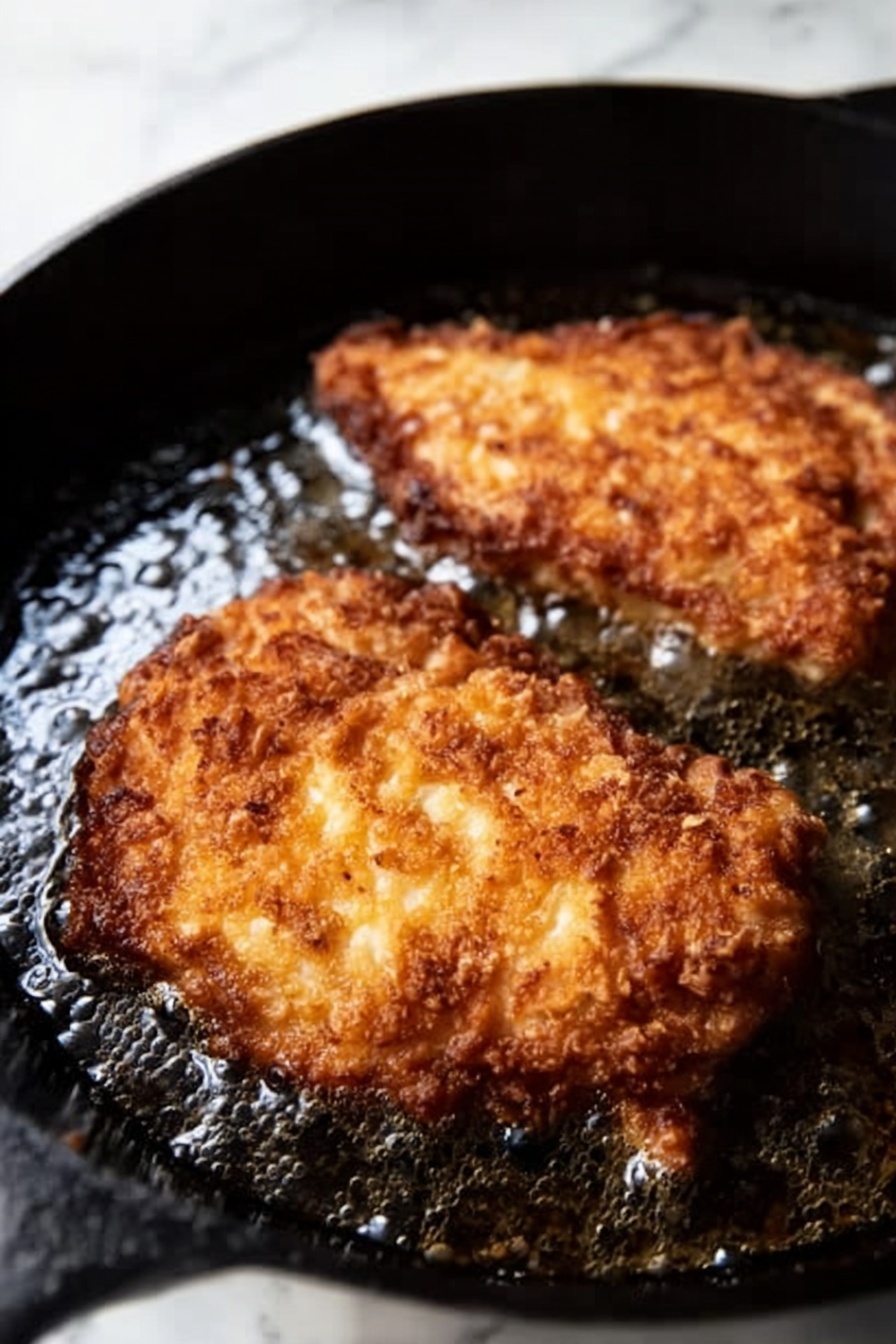 Pretzel Crusted Chicken with Cheddar Sauce, cheesy chicken dinner, crunchy chicken recipes, easy pretzel chicken, savory chicken with cheddar sauce - The image shows two pieces of golden brown fried chicken cooking in a black cast iron skillet. The chicken has a crispy, crunchy texture with uneven, rough edges and a deep, warm brown color. The surface of the oil in the skillet bubbles gently around the chicken, reflecting light with small shiny spots. The skillet sits on a white marbled surface, creating a clean and bright background. Photo taken with an iphone --ar 2:3 --v 7