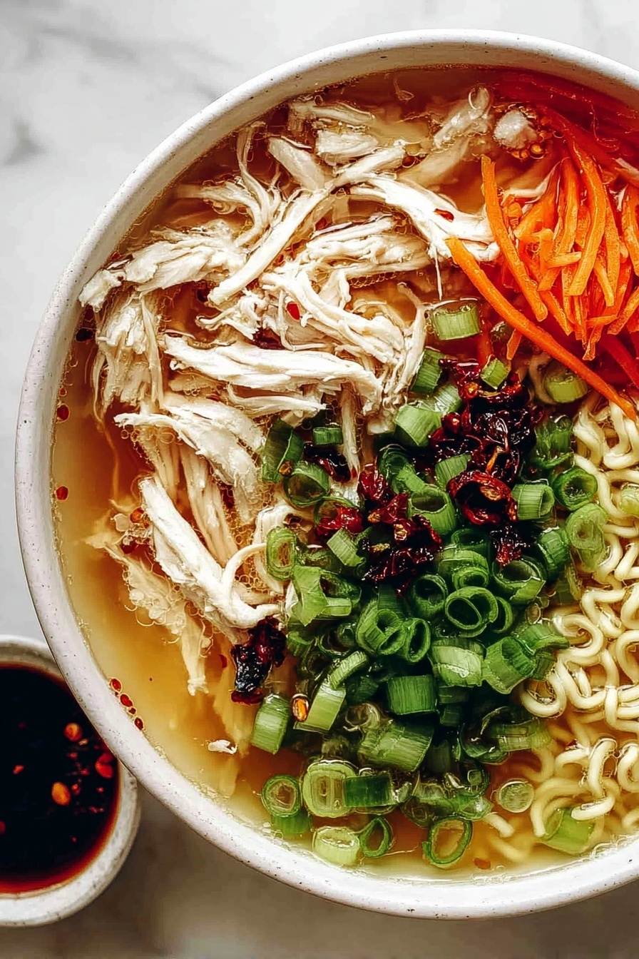 Aromatic Ginger Scallion Chicken Noodle Soup, chicken noodle soup with ginger and scallions, easy healthy chicken soup recipe, comforting Asian-inspired soup, quick homemade chicken noodle soup - A white bowl filled with a clear broth base, topped with several layers including shredded white chicken pieces on one side, thin orange carrot sticks beside the chicken, cooked curly light beige noodles near the center, and a large heap of finely sliced green onions covering a section of the bowl. There are also dark red chili oil spots scattered around the surface. A small white cup with dark chili oil is placed beside the bowl on a white marbled background. Photo taken with an iphone --ar 2:3 --v 7