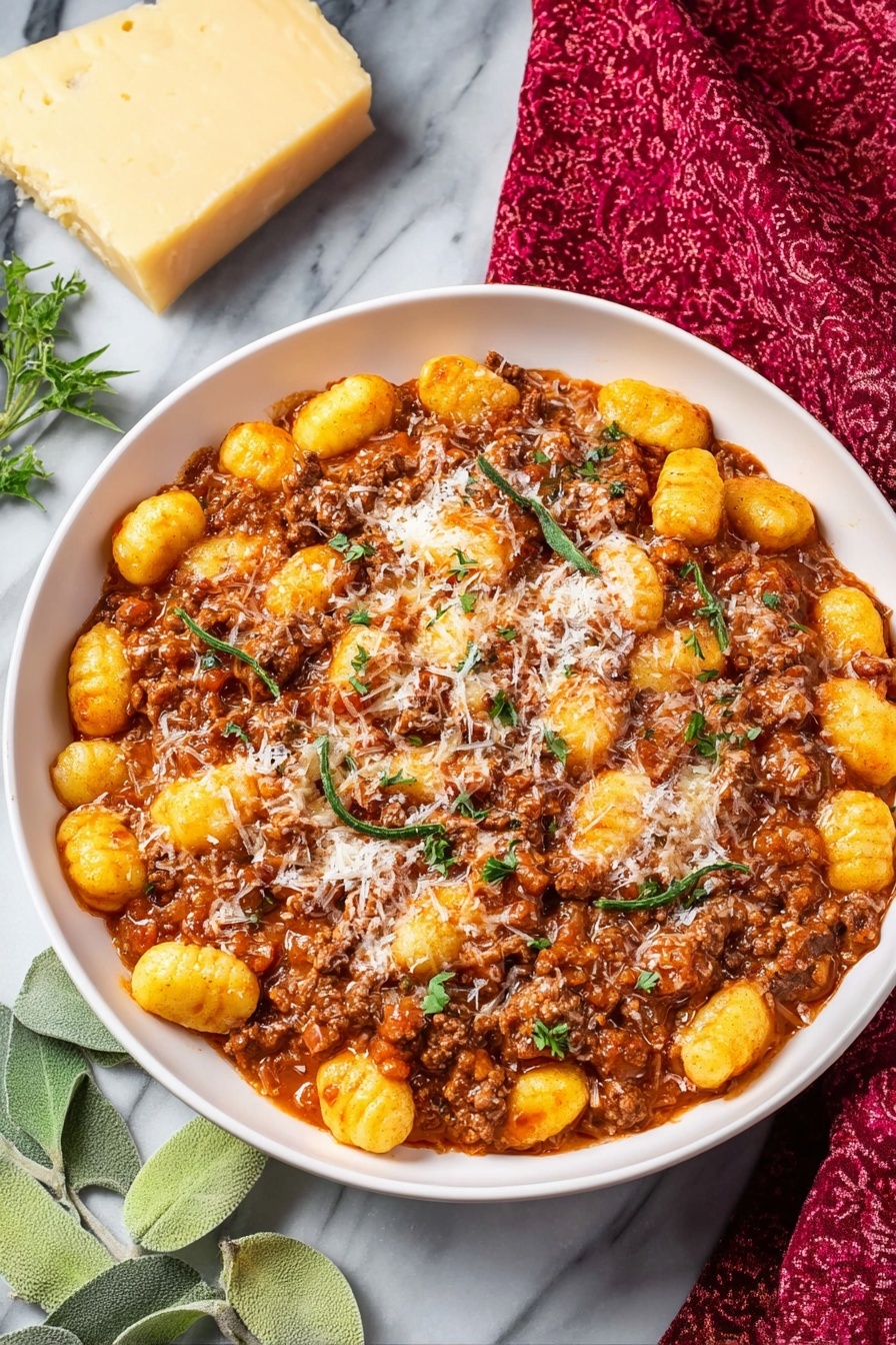 Gnocchi Bolognese, easy gnocchi bolognese recipe, hearty gnocchi dinner, homemade bolognese sauce, comforting pasta dishes - A white bowl filled with a rich, chunky dish made of two layers: the base layer is soft, yellow gnocchi with a smooth texture, and the top layer is a thick, reddish-brown meat sauce with small bits of meat and tomato sauce mixed evenly, both layers covered with bits of grated white cheese and small green herb pieces scattered on top. The bowl is placed on a white marbled surface next to a red cloth with a pattern, a piece of pale yellow cheese block, and scattered green leaves. Photo taken with an iphone --ar 2:3 --v 7