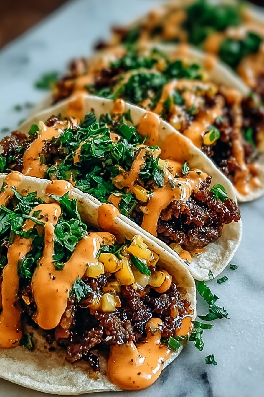 Honey BBQ Garlic Beef Tacos, flavorful beef tacos with honey and BBQ, easy taco recipes for weeknights, savory garlic beef tacos, smoky beef taco ideas - A close-up of soft white tortillas each topped with a layer of dark brown cooked meat mixed with small yellow pieces, drizzled generously with an orange creamy sauce, and sprinkled with fresh green chopped herbs, all arranged in a row on a white marbled surface. photo taken with an iphone --ar 2:3 --v 7