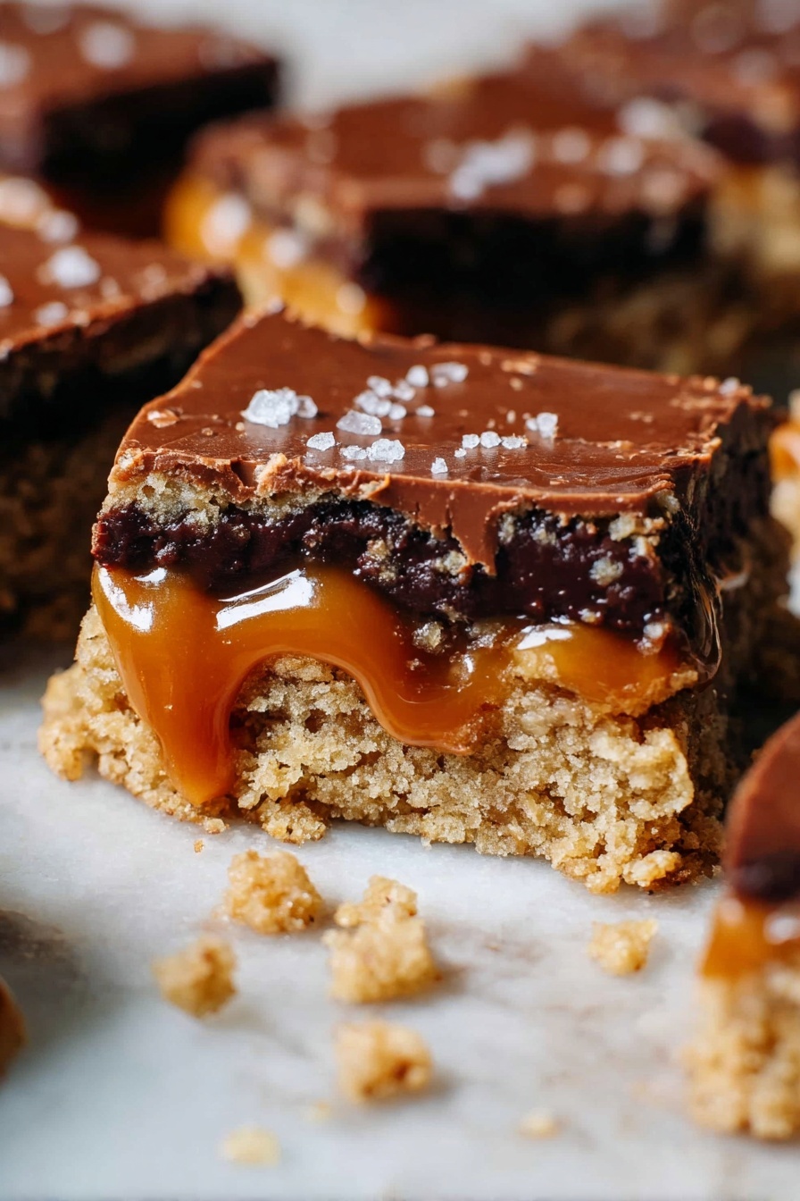 Salted Caramel Chocolate Chip Oat Bars, salt caramel oat bars, chocolate chip oat bars, homemade oat bar recipes, chewy caramel oat bars - This close-up image shows a thick bar dessert with three main layers. The bottom layer is a crumbly, light brown cookie base with a rough texture. The middle layer is dark, melted chocolate that looks soft and rich. The top layer is a smooth, shiny caramel that slightly drips down the sides. Small coarse salt flakes are scattered on the caramel. The dessert pieces are placed on a white marbled surface, with a few scattered crumbs around. Photo taken with an iphone --ar 2:3 --v 7