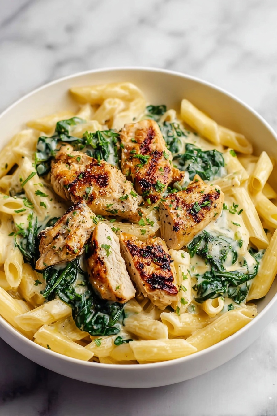 Healthy Garlic Parmesan Chicken Pasta, healthy pasta dinner, garlic chicken pasta, nutritious chicken pasta recipe, quick healthy pasta dish - A white bowl filled with creamy penne pasta as the base layer, smooth and pale yellow with a glossy texture. On top of the pasta are wilted dark green spinach leaves spread evenly. The dish is topped with several pieces of grilled golden-brown chicken with visible grill marks and sprinkled lightly with finely chopped herbs. The sauce coating the pasta and spinach looks creamy with a slightly shiny finish, blending in with the ingredients. The background is a white marbled surface. photo taken with an iphone --ar 2:3 --v 7