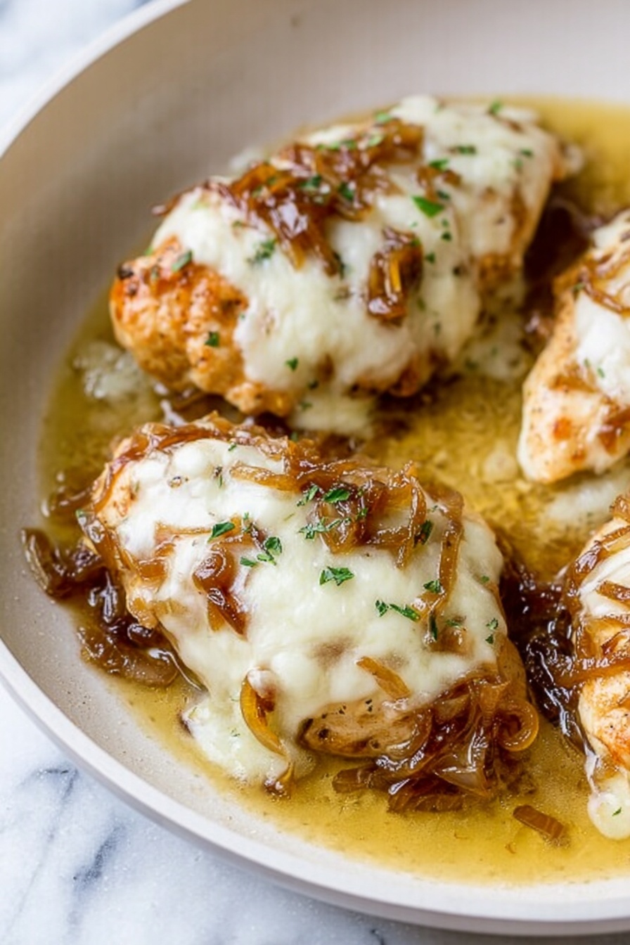 French Onion Chicken Bake, French Onion Chicken, caramelized onion chicken dish, cheesy chicken bake, easy French onion chicken - The image shows a white pan with three cooked chicken pieces. Each chicken piece has a golden brown base layer of cooked chicken, topped with a layer of caramelized onions that are shiny and light brown, and finished with melted white cheese that looks soft and stretches slightly. Small green herbs are sprinkled on top of the cheese on one piece. The pan has a light yellow sauce pooling around the chicken, and the background surface is white marble. photo taken with an iphone --ar 2:3 --v 7
