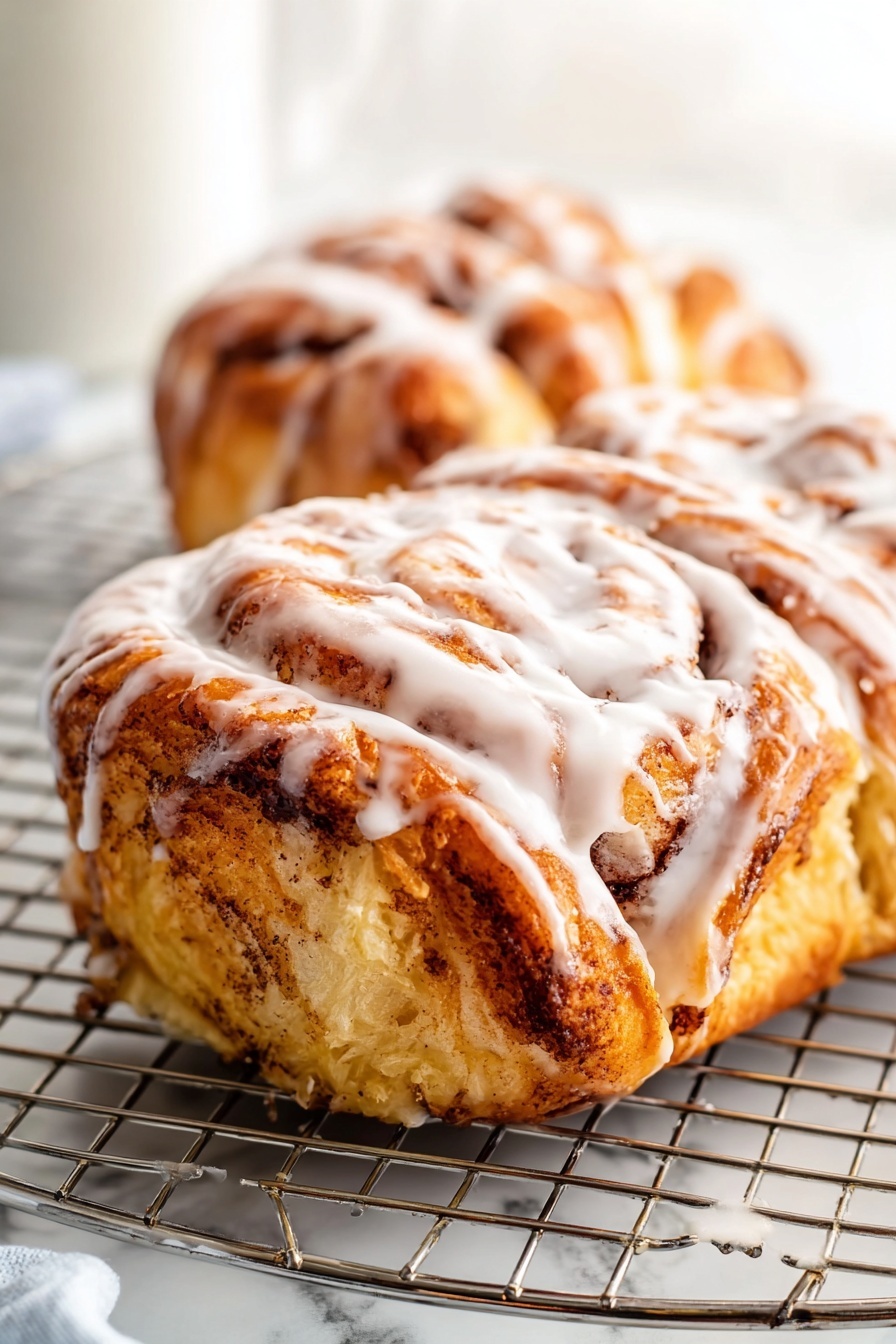 Cinnamon Sugar Bread, Cinnamon Sugar Bread Recipe, Soft Cinnamon Bread, Sweet Breakfast Bread, Easy Cinnamon Bread - The image shows a close-up of a rectangular metal baking pan with soft, golden-brown pull-apart bread topped with a thick cinnamon sugar coating. The bread is arranged in rows with visible sections and a fluffy, slightly textured surface. Thick white icing is being poured over the top from a textured white ceramic jug by a woman's hand. The pan is placed on a round metal cooling rack, and the background is a white marbled surface with a blurred blue and white striped cloth in the distance. photo taken with an iphone --ar 2:3 --v 7