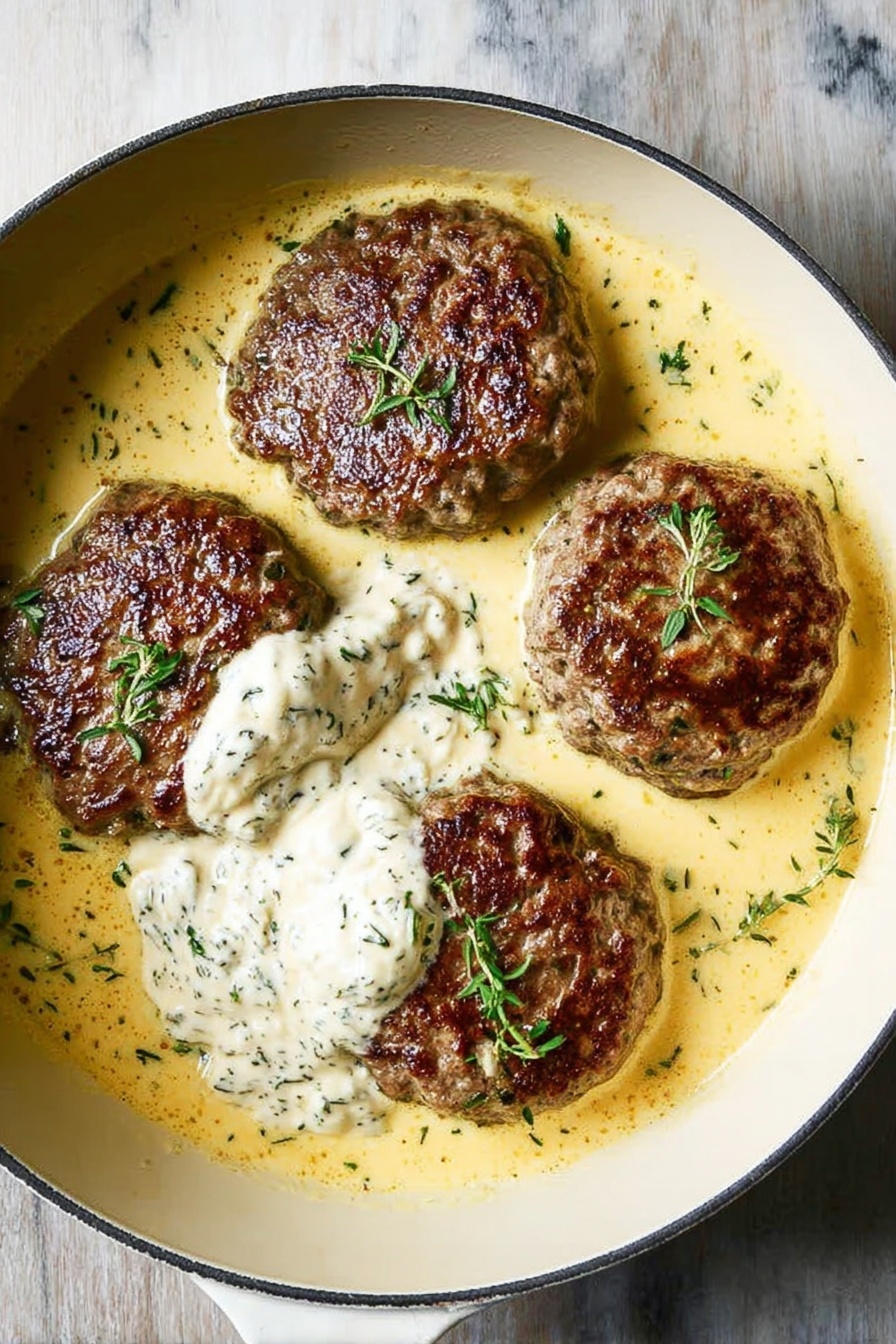 Creamy Dill Hamburger Steaks, Creamy Dill Hamburger Steaks recipe, Hamburger Steaks with Dill Sauce, Juicy Hamburger Steaks, Easy Dill Sauce for Hamburgers - In a white pan placed on a white marbled surface, four browned patties lie in a creamy yellow sauce with small green herb pieces scattered on top and throughout. Three patties have a dollop of thick white sauce with a slightly rough texture on one side. The patties are evenly browned with a slightly crispy texture and a round, slightly irregular shape. Small green herb sprigs are placed on the patties and sauce, adding a fresh look. photo taken with an iphone --ar 2:3 --v 7