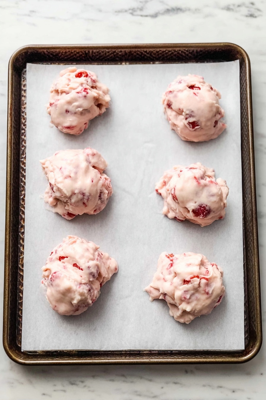 Chocolate Strawberry Yogurt Bites, healthy snack ideas, no-bake fruit desserts, easy summer treats, chocolate covered fruit bites - The image shows six uneven dollops of light pink, creamy batter with visible pieces of red fruit mixed in, placed on white parchment paper that lines a metal baking tray. Each dollop has a soft, slightly lumpy texture with a mix of smooth and chunky parts, and they are spaced apart in two rows of three. The tray's edge is dark and has a textured pattern. The background is a white marbled surface. photo taken with an iphone --ar 2:3 --v 7