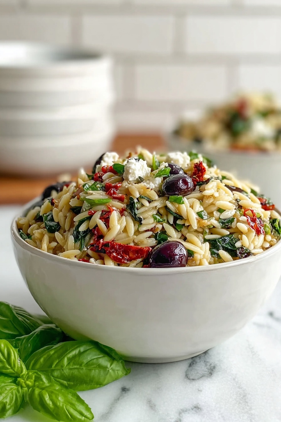 Orzo Pasta Salad with Feta and Sun-Dried Tomatoes, Mediterranean pasta salad, easy pasta salad recipes, feta pasta salad, sun-dried tomato pasta - A white bowl is filled with a layered salad made of light beige orzo pasta mixed with dark green leafy vegetables, dark purple olives, and bright red sun-dried tomatoes. Small white chunks of cheese are scattered on top, adding contrast to the colors. The bowl sits on a white marbled surface with a fresh green basil leaf placed beside it. The background shows blurred white bowls stacked and a white brick wall. The lighting is soft and natural, highlighting the fresh ingredients photo taken with an iphone --ar 2:3 --v 7
