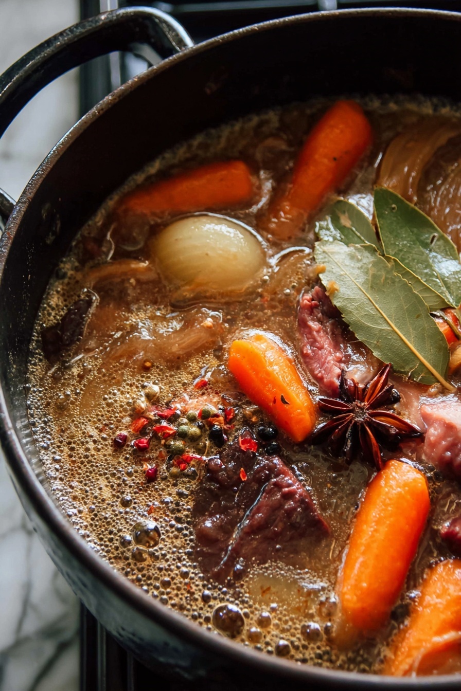French Onion Short Ribs Bake, French Onion Short Ribs, braised short ribs with onion, cheesy short ribs casserole, comforting beef recipes - A close-up of a dark pot filled with a rich stew bubbling gently. Inside the stew, there are thick pieces of raw red meat, soft orange baby carrots, caramelized brown onion slices, and visible spices including two whole bay leaves and a star anise floating on top along with some red pepper flakes. The surface of the stew has frothy bubbles and a creamy brown texture from the cooking liquid. The pot sits on a stove, with the focus clearly on the hearty ingredients simmering inside. The background is a white marbled texture. photo taken with an iphone --ar 2:3 --v 7