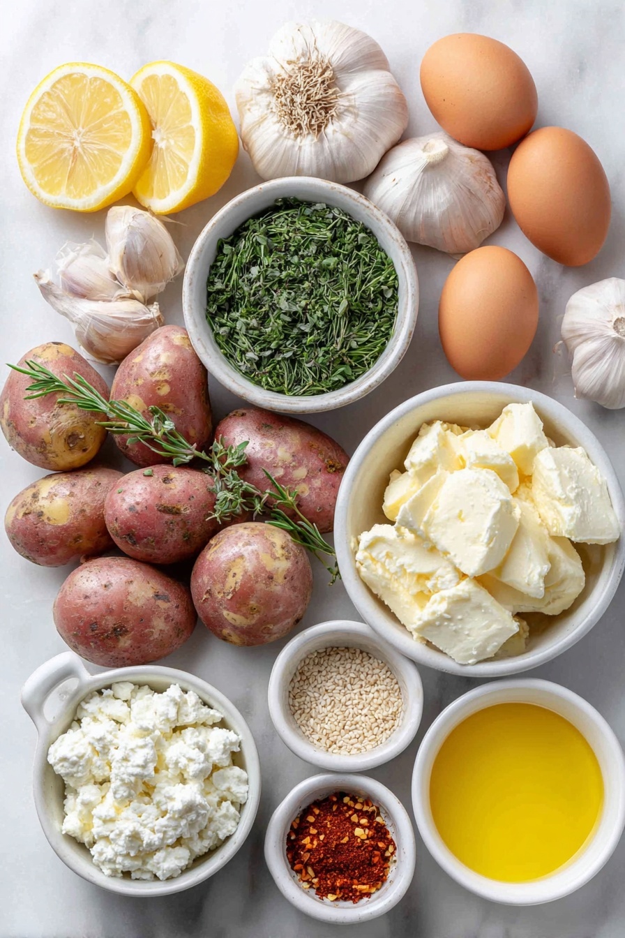 Crispy Oregano Roasted Potatoes with Feta Sauce, roasted potato recipes, Mediterranean potato dishes, easy roasted potatoes, feta sauce recipes - Flat lay of halved mixed baby potatoes with their natural skin colors, quartered fresh lemon wedges with bright yellow rinds and juicy interiors, whole garlic cloves with their smooth white papery skins slightly smashed, a small white ceramic bowl filled with chopped fresh oregano leaves, a small white ceramic bowl holding vibrant mixed chopped herbs of basil, dill, and parsley, two whole uncracked brown eggs, a small white ceramic bowl of golden extra virgin olive oil, a small white ceramic bowl of creamy white crumbled feta cheese, a small white ceramic bowl with soft cream cheese, a small white ceramic bowl containing bright yellow honey, a small white ceramic bowl filled with pale beige sesame seeds, a small white ceramic bowl with deep red chili flakes, a small white ceramic bowl with smoky paprika powder, and a small white ceramic bowl of coarse kosher salt — all perfectly arranged in balanced symmetry on a clean white marble surface, soft natural light, photo taken with an iPhone, professional food photography style, fresh ingredients, white ceramic bowls, no bottles, no duplicates, no utensils, no packaging --ar 2:3 --v 7 --p m7354615311229779997