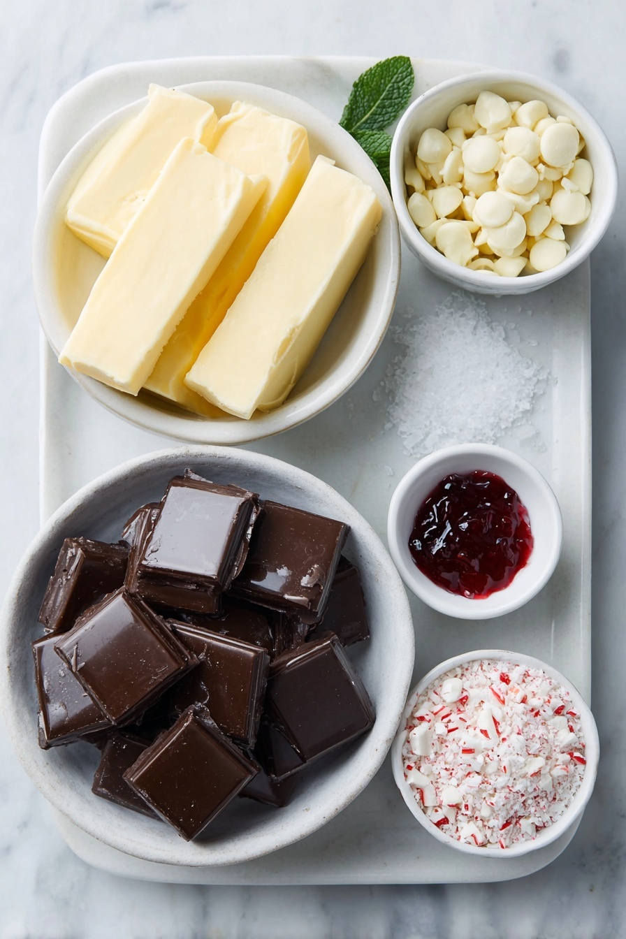 Peppermint Swirl Chocolate Fudge, peppermint chocolate fudge, holiday fudge recipe, peppermint dessert, chocolate peppermint treat - Flat lay of a simple white ceramic bowl filled with glossy semi-sweet chocolate chips, a small white bowl holding unsalted butter chunks, a small white bowl with thick sweetened condensed milk, a clean glass vial of peppermint extract (exclude since no bottles allowed—replace with a sprig of fresh peppermint leaves), a pinch of salt crystals scattered neatly, a separate simple white ceramic bowl filled with smooth white chocolate chips, a tiny white bowl containing vibrant red gel food coloring drops, a small white bowl with crushed red and white peppermint candies, all arranged symmetrically and naturally on a clean white marble surface, soft natural light, photo taken with an iPhone, professional food photography style, fresh ingredients, white ceramic bowls, no bottles, no duplicates, no utensils, no packaging --ar 2:3 --v 7 --p m7354615311229779997