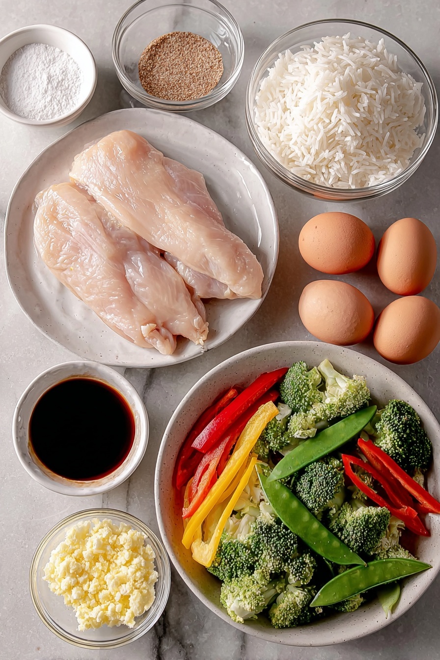 Teriyaki Chicken Casserole with Vegetables, healthy teriyaki chicken bake, easy chicken casserole recipe, flavorful vegetable chicken bake, quick weeknight dinner ideas - Flat lay of a plump raw boneless skinless chicken breast, a handful of fresh stir-fry vegetables including bright green broccoli florets, thin orange carrot sticks, and crisp snow peas, a small mound of fluffy cooked white rice on a simple white ceramic plate, a small white bowl of dark soy sauce, a small white bowl of light brown granulated brown sugar, a small white bowl of clear water, a small white bowl containing pale yellow cornstarch powder, a small white bowl holding finely minced fresh garlic, a small white bowl with ground light brown ginger powder, and two whole uncracked brown eggs arranged symmetrically on a clean white marble surface, soft natural light, photo taken with an iPhone, professional food photography style, fresh ingredients, white ceramic bowls, no bottles, no duplicates, no utensils, no packaging --ar 2:3 --v 7 --p m7354615311229779997