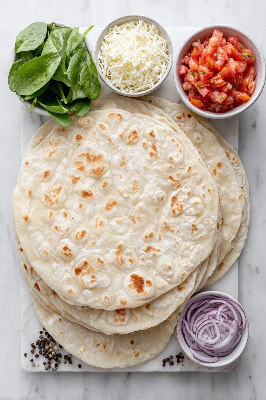 Mediterranean Spinach Feta Quesadillas, easy Greek-inspired quesadillas, quick spinach feta quesadilla recipe, flavorful vegetarian quesadillas, healthy weeknight quesadillas - Flat lay of four whole unbroken flour tortillas, a small pile of fresh chopped spinach leaves, a small white ceramic bowl with shredded mozzarella cheese, a small white ceramic bowl with crumbled feta cheese, a small white ceramic bowl filled with diced fresh tomato, a small white ceramic bowl with thinly sliced red onion rings, a small white ceramic bowl holding golden olive oil, and a few whole black peppercorns scattered neatly, all arranged in perfect symmetry on a clean white marble surface, soft natural light, photo taken with an iPhone, professional food photography style, fresh ingredients, white ceramic bowls, no bottles, no duplicates, no utensils, no packaging --ar 2:3 --v 7 --p m7354615311229779997