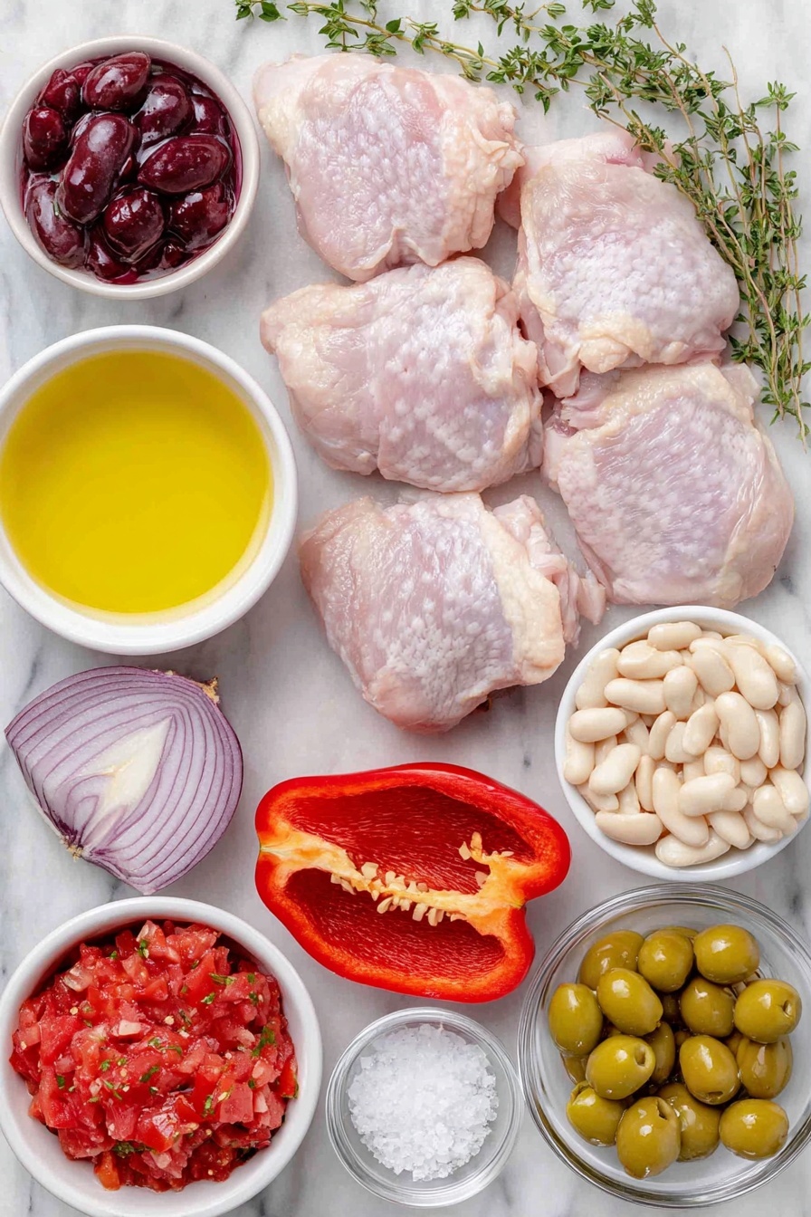 Spanish Chicken in Bravas Sauce, Spanish chicken recipes, Bravas sauce dish, easy Spanish chicken, flavorful chicken skillet - Flat lay of fresh raw chicken thighs with smooth skin, a small mound of coarse sea salt crystals, a white ceramic bowl with bright golden olive oil, a whole red bell pepper sliced lengthwise showing its seeds, a chopped yellow onion with white and purple layers, a few fresh thyme sprigs with tiny green leaves, several garlic cloves sliced thinly, a small white bowl filled with vibrant chopped red tomatoes, a small white bowl of clear water, a small white bowl holding deep red wine vinegar, a small white bowl filled with plump white cannellini beans, a small white bowl with shiny green olives, and a few sprigs of fresh flat-leaf parsley with bright green leaves, all arranged symmetrically on a clean white marble surface, soft natural light, photo taken with an iPhone, professional food photography style, fresh ingredients, white ceramic bowls, no bottles, no duplicates, no utensils, no packaging --ar 2:3 --v 7 --p m7354615311229779997
