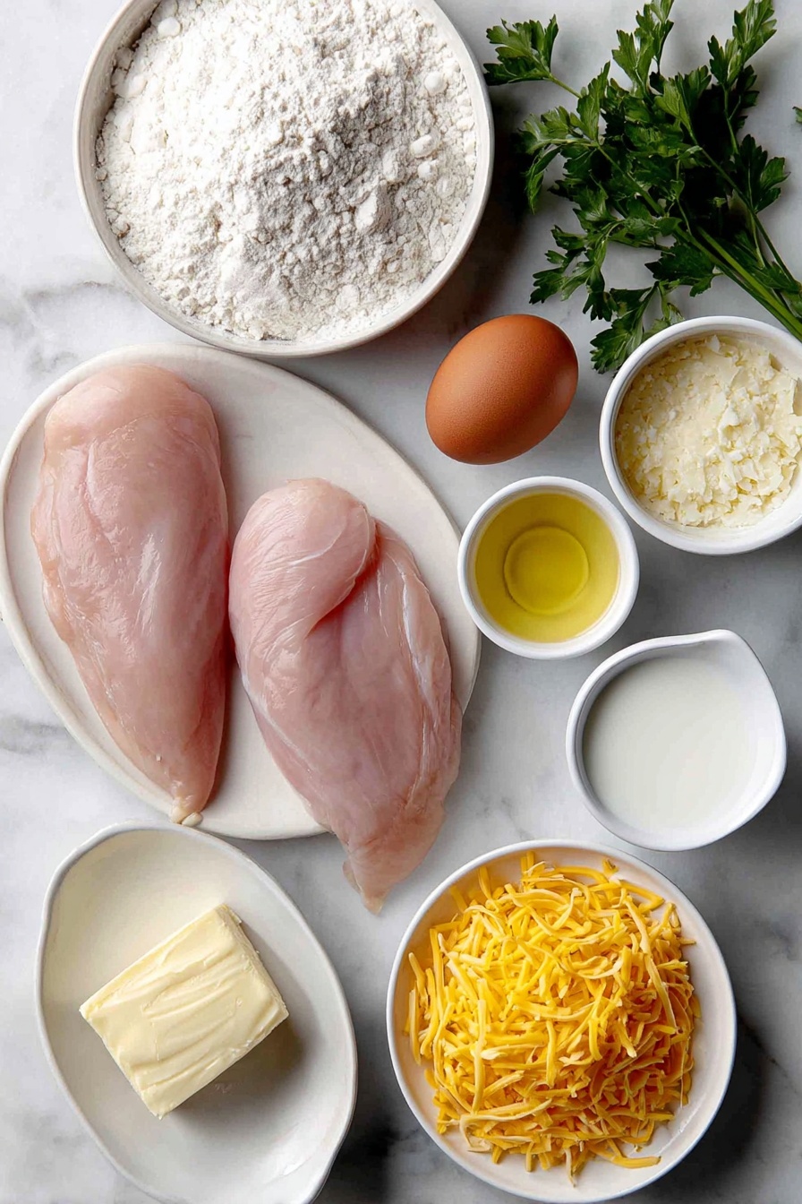 Pretzel Crusted Chicken with Cheddar Sauce, cheesy chicken dinner, crunchy chicken recipes, easy pretzel chicken, savory chicken with cheddar sauce - Flat lay of two raw boneless skinless chicken breasts, a small pile of crushed salted pretzels, a small mound of plain white flour, a small white bowl with whole uncracked brown egg, a small white bowl of neutral clear oil, a few sprigs of fresh green parsley, a small white bowl of pale yellow butter, a small white bowl of smooth Dijon mustard, a small white bowl of fresh white milk, a small pile of shredded bright orange cheddar cheese, all arranged symmetrically with balanced proportions on simple white ceramic dishes and bowls, placed on a clean white marble surface, soft natural light, photo taken with an iPhone, professional food photography style, fresh ingredients, white ceramic bowls, no bottles, no duplicates, no utensils, no packaging --ar 2:3 --v 7 --p m7354615311229779997