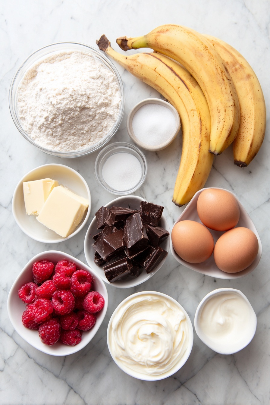 Raspberry Chocolate Banana Bread, easy raspberry banana bread, moist banana bread with raspberries and chocolate, healthy banana bread with berries, decadent banana bread loaf - Flat lay of a small mound of all-purpose flour, a small white bowl of baking soda powder, a small white bowl of salt, a small white bowl of granulated sugar, a few tablespoons of softened butter, two whole uncracked brown eggs, three ripe bananas with natural speckles, a small white bowl of creamy plain yogurt, a small white bowl of vanilla extract, a small white bowl of dark chocolate chunks dusted lightly with flour, a small white bowl of fresh raspberries placed carefully, all arranged in perfect symmetry on a simple white ceramic surface, placed on a clean white marble surface, soft natural light, photo taken with an iPhone, professional food photography style, fresh ingredients, white ceramic bowls, no bottles, no duplicates, no utensils, no packaging --ar 2:3 --v 7 --p m7354615311229779997