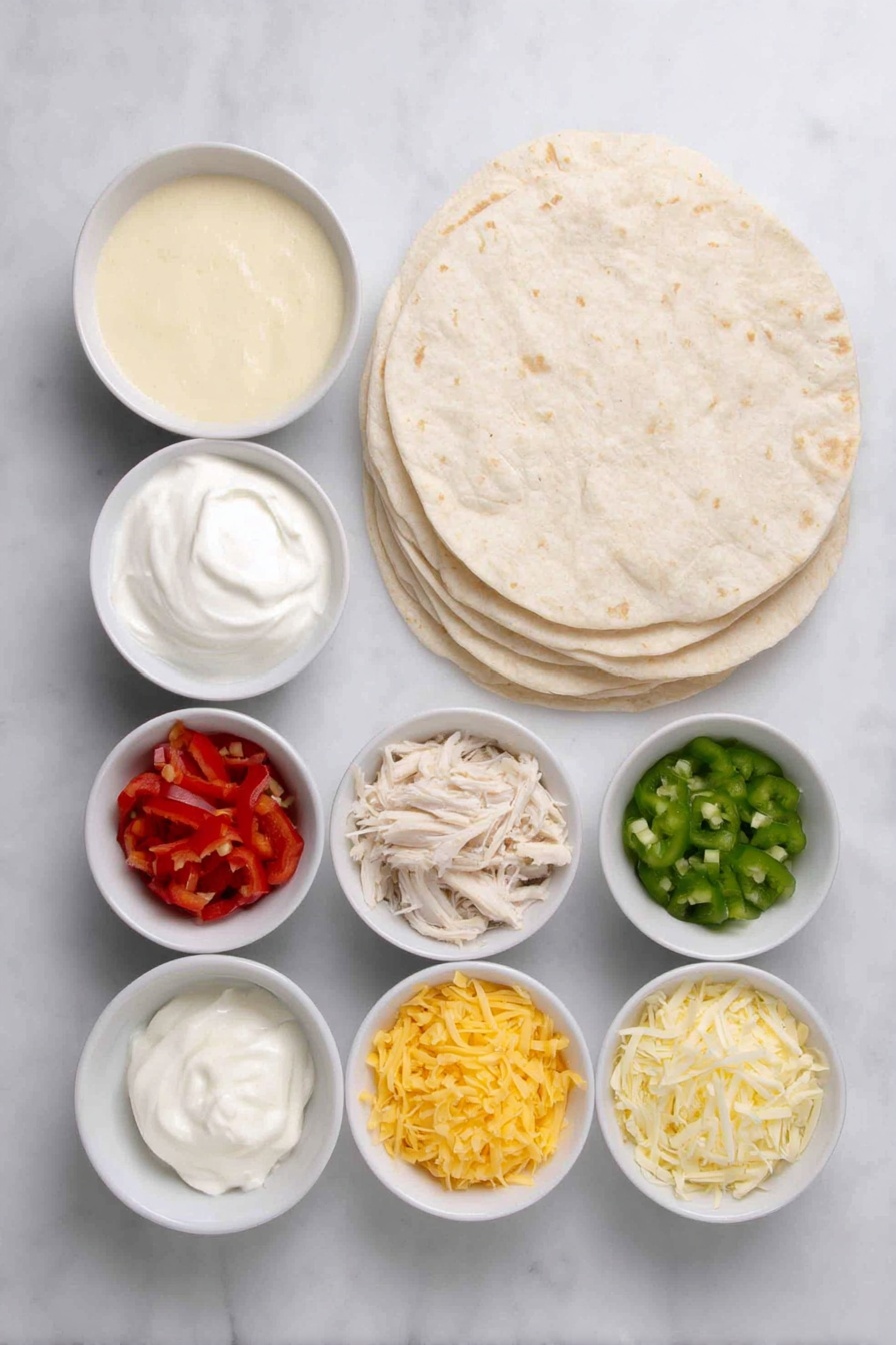 Chicken Enchiladas with White Sour Cream Sauce, creamy chicken enchiladas, easy chicken enchiladas, cheesy sour cream enchiladas, weeknight dinner ideas - Flat lay of soft flour tortillas stacked neatly, a small white bowl of thick sour cream, a small white bowl filled with creamy light beige chicken soup, a small white bowl of bright green diced chiles, a small white bowl with shredded cooked chicken, a small white bowl of shredded Monterey Jack cheese, a small white bowl of shredded cheddar cheese, all ingredients fresh and natural, arranged in perfect symmetry on a clean white marble surface, soft natural light, photo taken with an iPhone, professional food photography style, fresh ingredients, white ceramic bowls, no bottles, no duplicates, no utensils, no packaging --ar 2:3 --v 7 --p m7354615311229779997