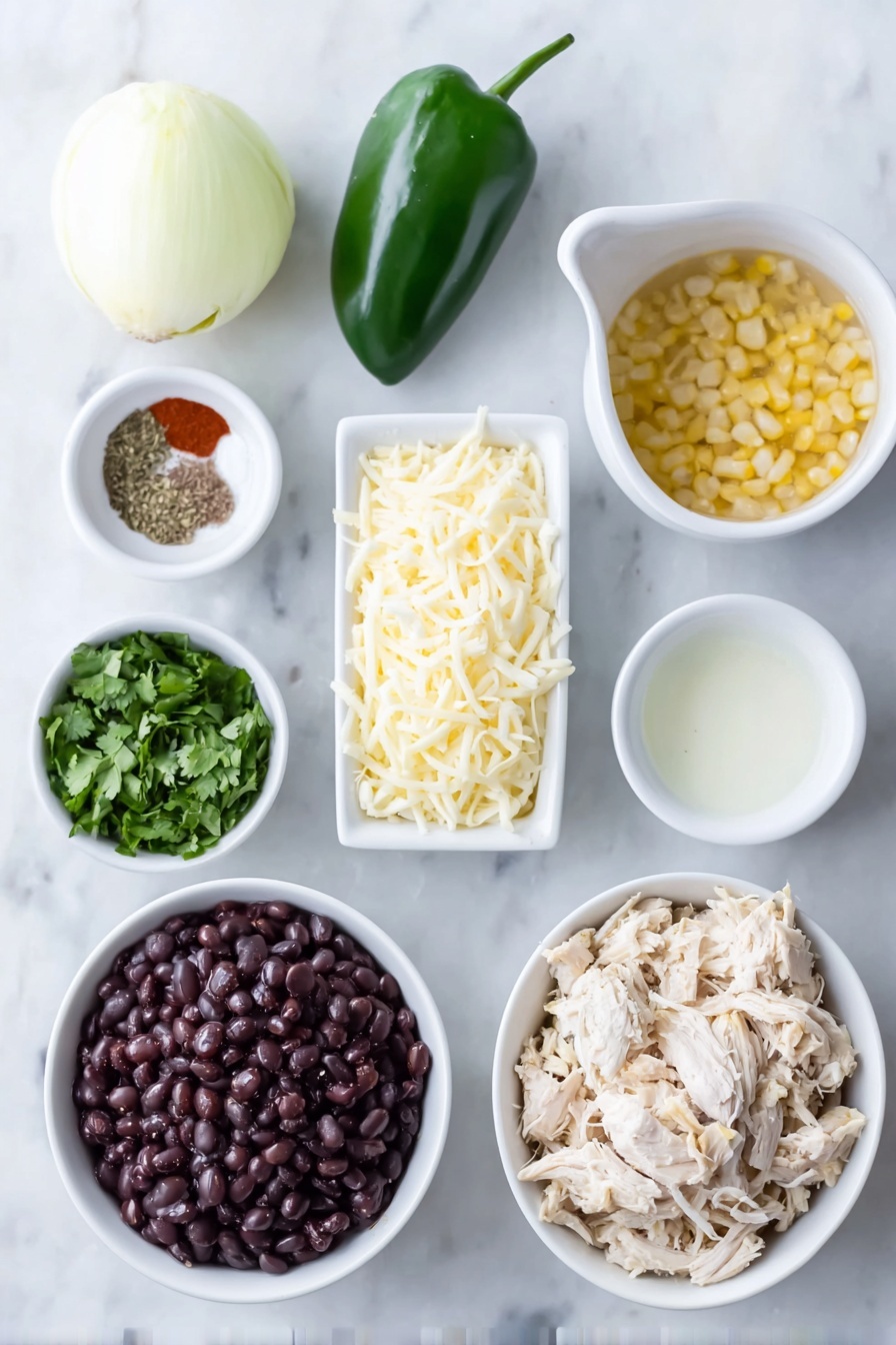 Creamy Chicken Poblano Soup, flavorful chicken soup, smoky poblano pepper soup, easy chicken and poblano soup, comforting chicken soup recipe - Flat lay of a small pat of unsalted butter, a half cup of chopped yellow onion, one whole fresh poblano pepper (stem and seeds visible beside it), a small white bowl with a blend of dried spices (garlic powder, onion powder, chili powder, dried oregano, salt, black pepper, cumin), a few cooked shredded chicken pieces, a small white bowl filled with black beans, a small white bowl with frozen yellow corn kernels, a simple white ceramic bowl holding rich golden chicken broth, a small white bowl with heavy cream, a small white bowl with shredded cheese (a mix of cheddar, pepper jack, and colby jack), a small white bowl with fresh lime juice, and a small pile of finely chopped bright green cilantro leaves — all ingredients fresh and natural, arranged in perfect symmetry, realistic proportions, placed on a clean white marble surface, soft natural light, photo taken with an iPhone, professional food photography style, fresh ingredients, white ceramic bowls, no bottles, no duplicates, no utensils, no packaging --ar 2:3 --v 7 --p m7354615311229779997