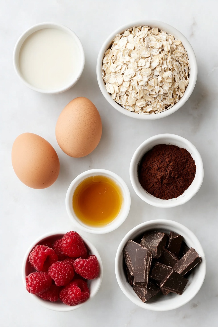 Dark Chocolate Raspberry Overnight Oats, healthy overnight oats with chocolate and raspberries, quick breakfast ideas, chocolate berry oats, indulgent healthy breakfast - Flat lay of a small pile of rolled oats, a small white bowl of smooth almond milk, a small white bowl of dark cocoa powder, a small white bowl of amber maple syrup, a small white bowl of fresh bright red raspberries, a small white bowl of irregular dark chocolate chunks, and two whole uncracked brown eggs placed symmetrically on a clean white marble surface, soft natural light, photo taken with an iPhone, professional food photography style, fresh ingredients, white ceramic bowls, no bottles, no duplicates, no utensils, no packaging --ar 2:3 --v 7 --p m7354615311229779997