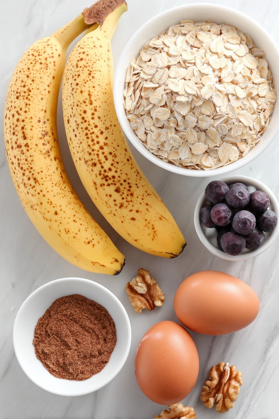 Healthy Banana Oatmeal Pancakes, healthy breakfast ideas, gluten-free pancake recipe, easy nutritious pancakes, vegan oat pancakes - Flat lay of two ripe bananas with natural brown speckles, two whole uncracked brown eggs, a small white ceramic bowl filled with rolled oats, a small white bowl holding ground cinnamon powder, a few fresh blueberries scattered beside a small pile of walnut halves, all arranged symmetrically and balanced, placed on a clean white marble surface, soft natural light, photo taken with an iPhone, professional food photography style, fresh ingredients, white ceramic bowls, no bottles, no duplicates, no utensils, no packaging --ar 2:3 --v 7 --p m7354615311229779997