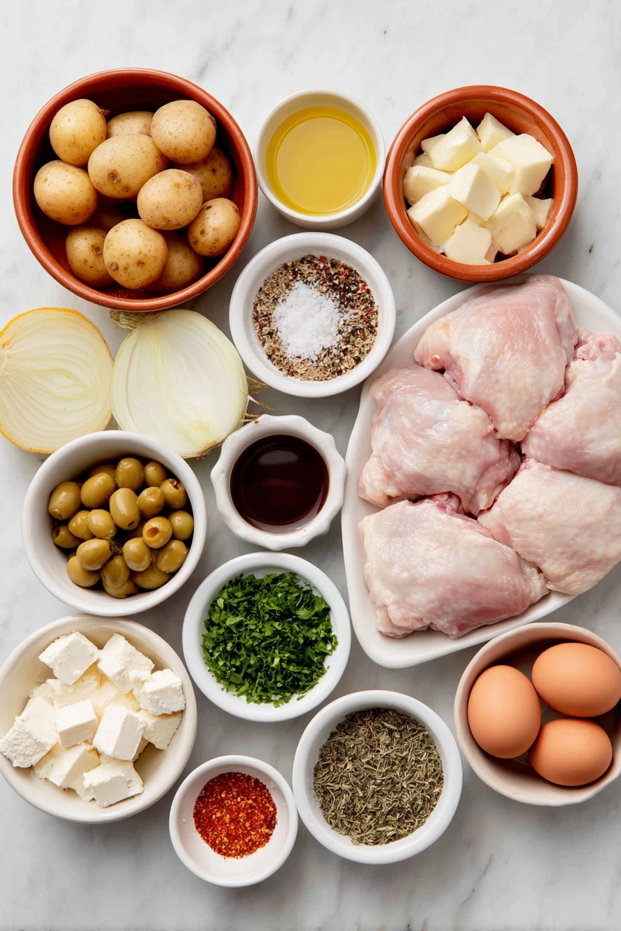 Greek Garlic Butter Chicken Sheet Pan, Greek Chicken Dinner, Easy Greek Sheet Pan Recipe, Mediterranean Chicken Recipes, One-Pan Chicken and Potatoes - Flat lay of halved baby potatoes, whole raw chicken thighs with skin, a halved lemon and lemon slices, a small white bowl of extra virgin olive oil, a small white bowl of red wine vinegar, whole yellow onion sliced into rings, a small mound of cubed feta cheese, a small white bowl of mixed green olives torn, a small white bowl of chopped pepperoncini, a small pile of chopped fresh parsley, oregano, and dill, whole shallot chopped, lightly smashed whole garlic cloves, sliced salted butter pieces, small piles of dried oregano and smoked paprika, whole uncracked brown eggs for natural color balance, coarse kosher salt and black pepper sprinkled artistically, arranged symmetrically on a simple white ceramic plate and bowls placed on a clean white marble surface, soft natural light, photo taken with an iPhone, professional food photography style, fresh ingredients, white ceramic bowls, no bottles, no duplicates, no utensils, no packaging --ar 2:3 --v 7 --p m7354615311229779997