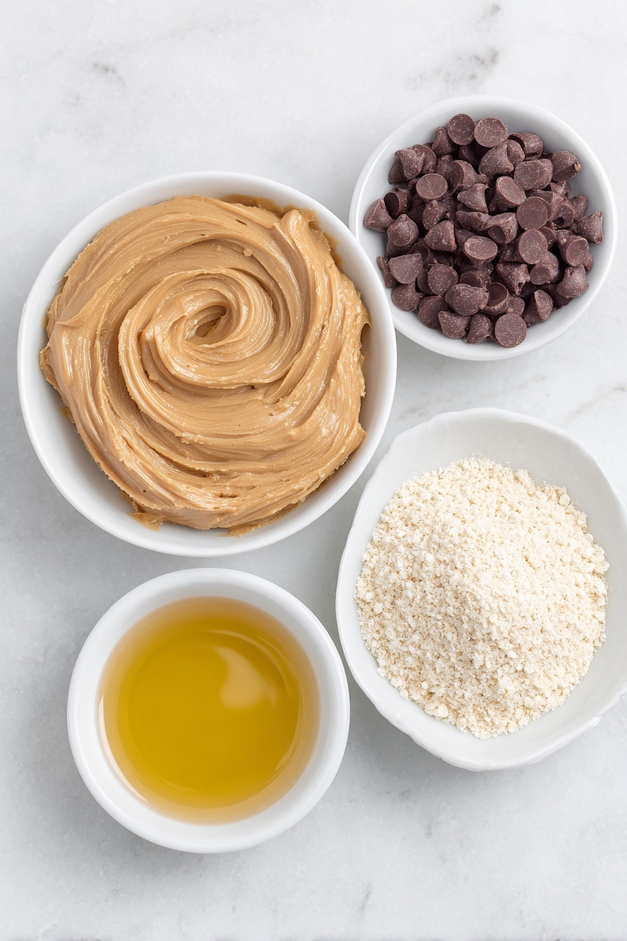 No-Bake Peanut Butter Oat Cups, healthy no-bake snack, quick no-bake dessert, easy peanut butter snack, wholesome oat cups - Flat lay of a smooth swirl of natural peanut butter on a white ceramic plate, a small mound of finely ground oat flour in a white bowl, a small white bowl filled with golden maple syrup, a neat pile of shiny dark chocolate chips on a white dish, a small white bowl containing melted coconut oil, placed on a clean white marble surface, soft natural light, photo taken with an iPhone, professional food photography style, fresh ingredients, white ceramic bowls, no bottles, no duplicates, no utensils, no packaging --ar 2:3 --v 7 --p m7354615311229779997